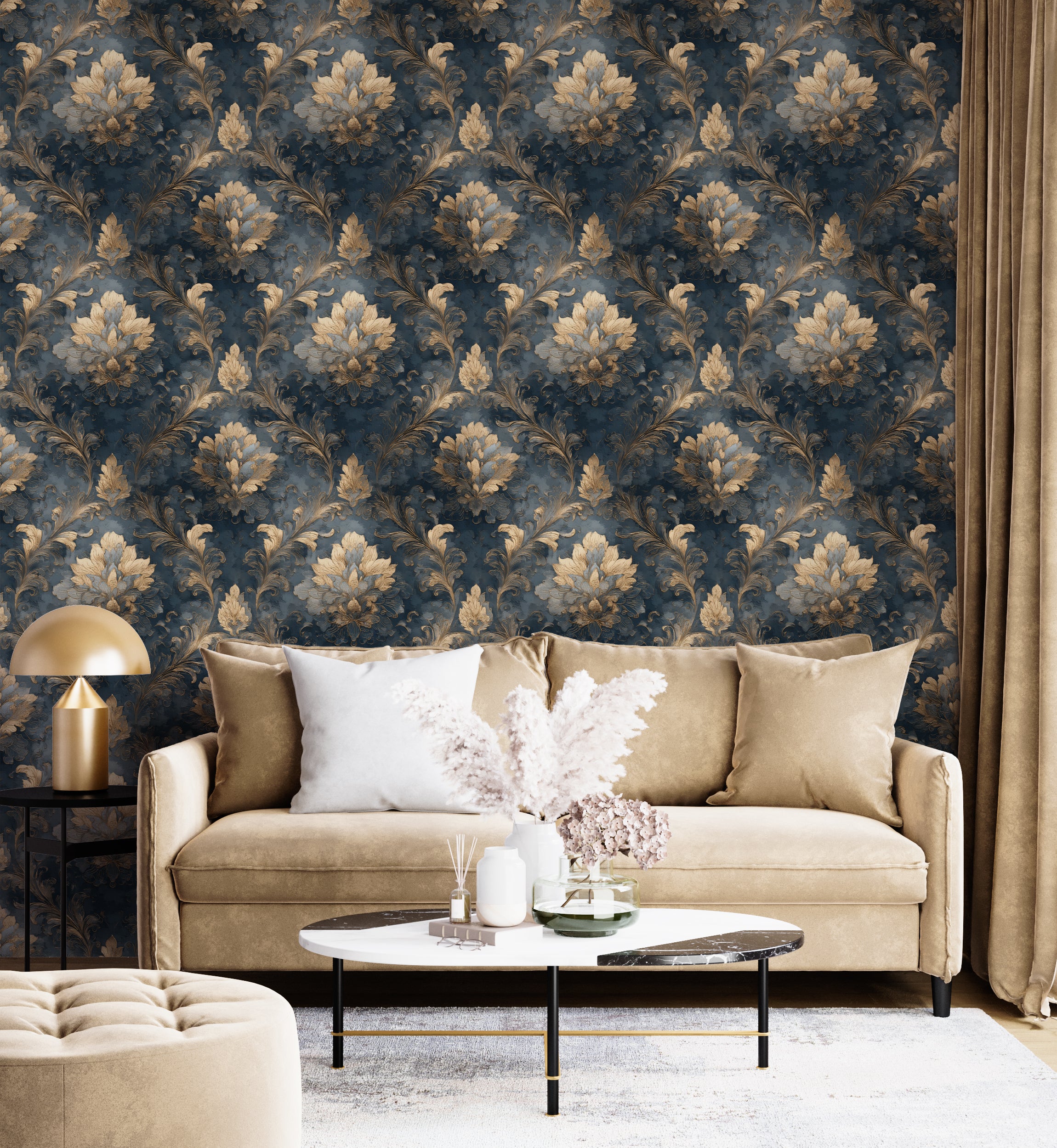Lux navy blue gold damask wallpaper in a living room with beige sofa, gold lamp, and marble coffee table