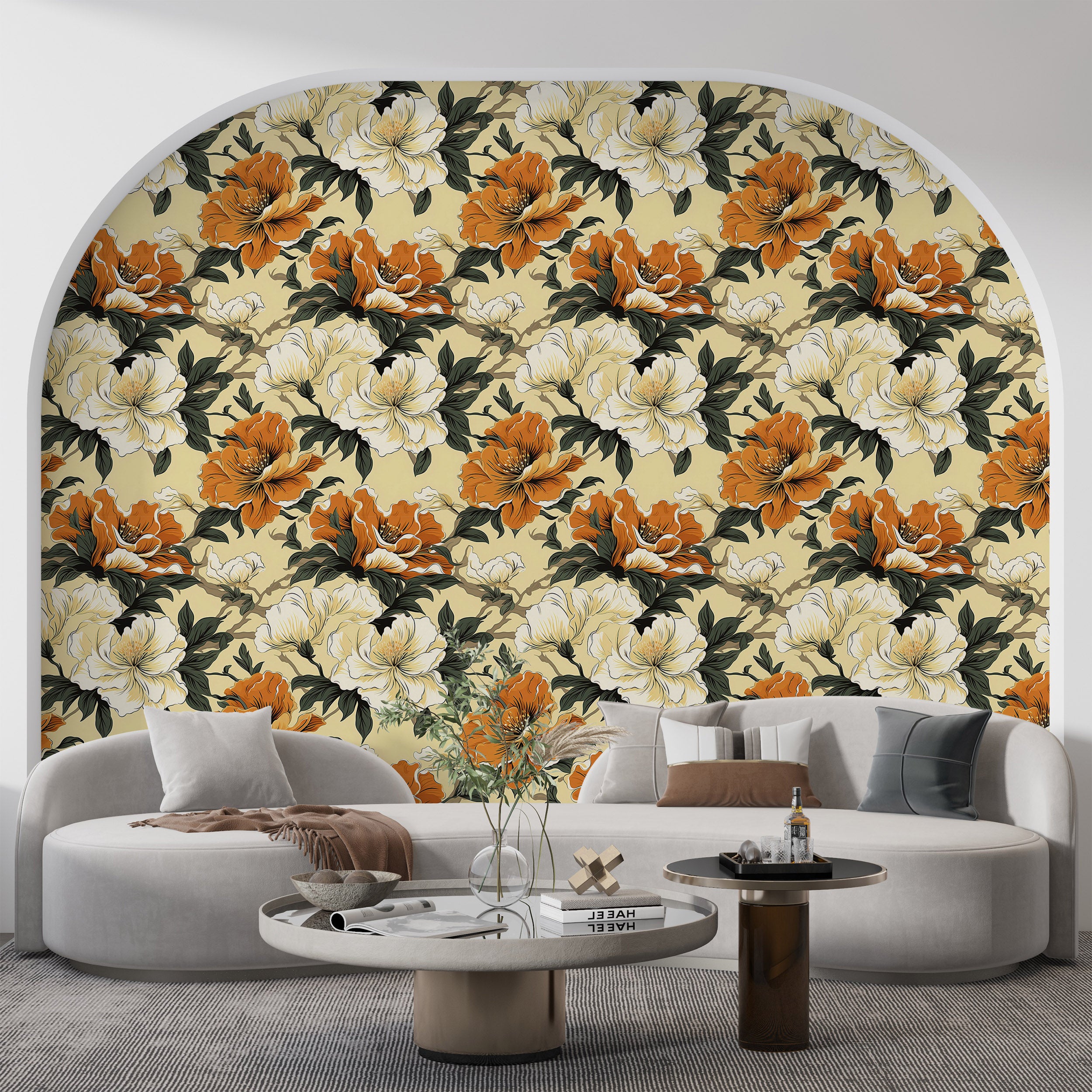 Soothing Orange and Beige Floral Wallpaper