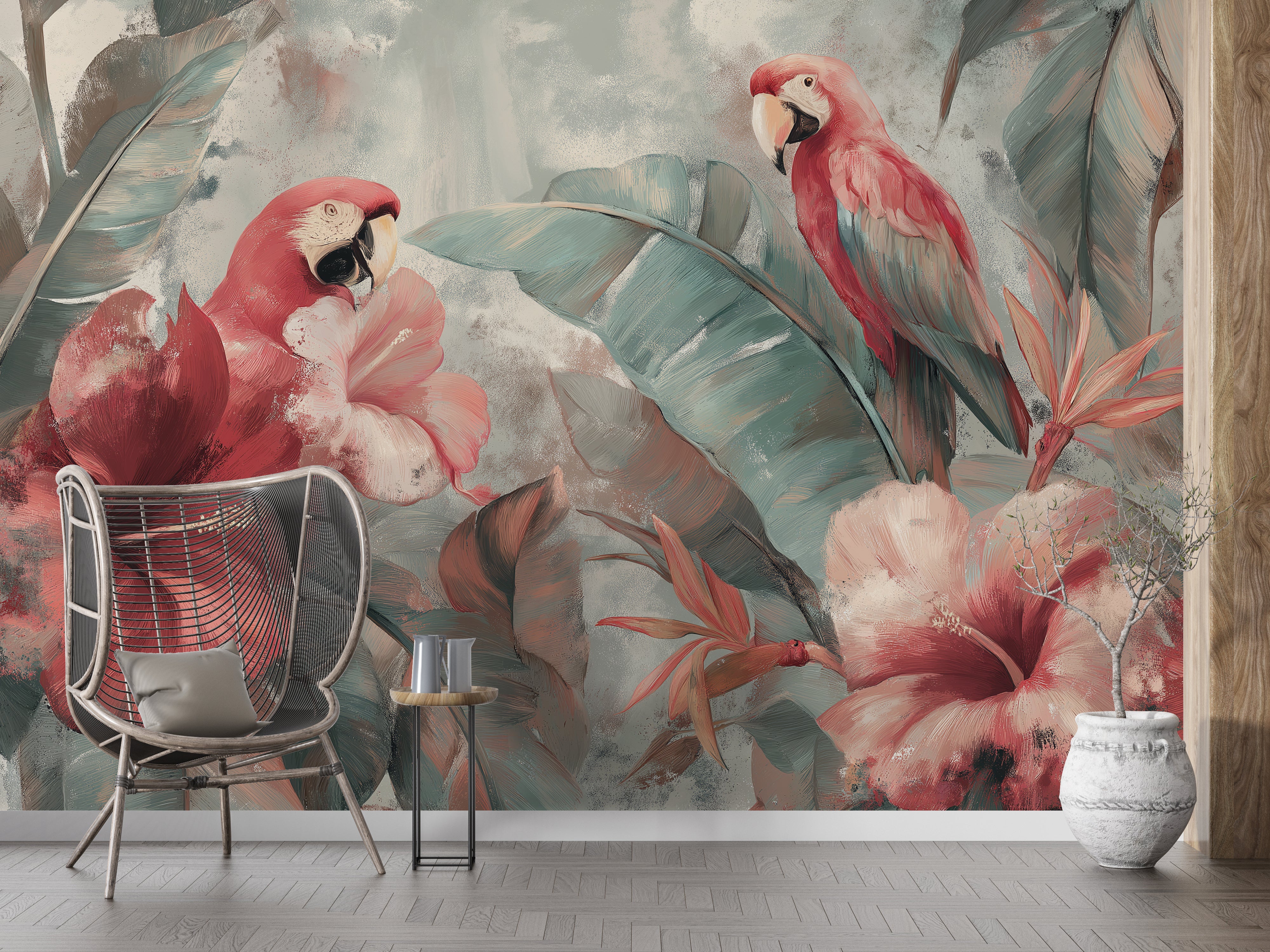 Vibrant parrot and hibiscus flower mural for living room