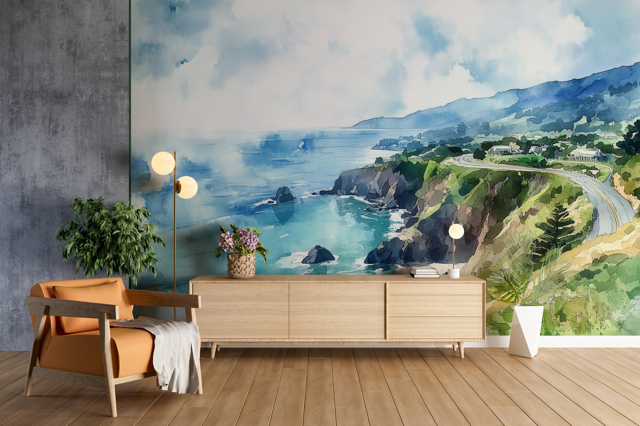 Pacific Coast Highway Mural, Peel and Stick Watercolor California Ocean Wallpaper, Coastal Road Wall Art