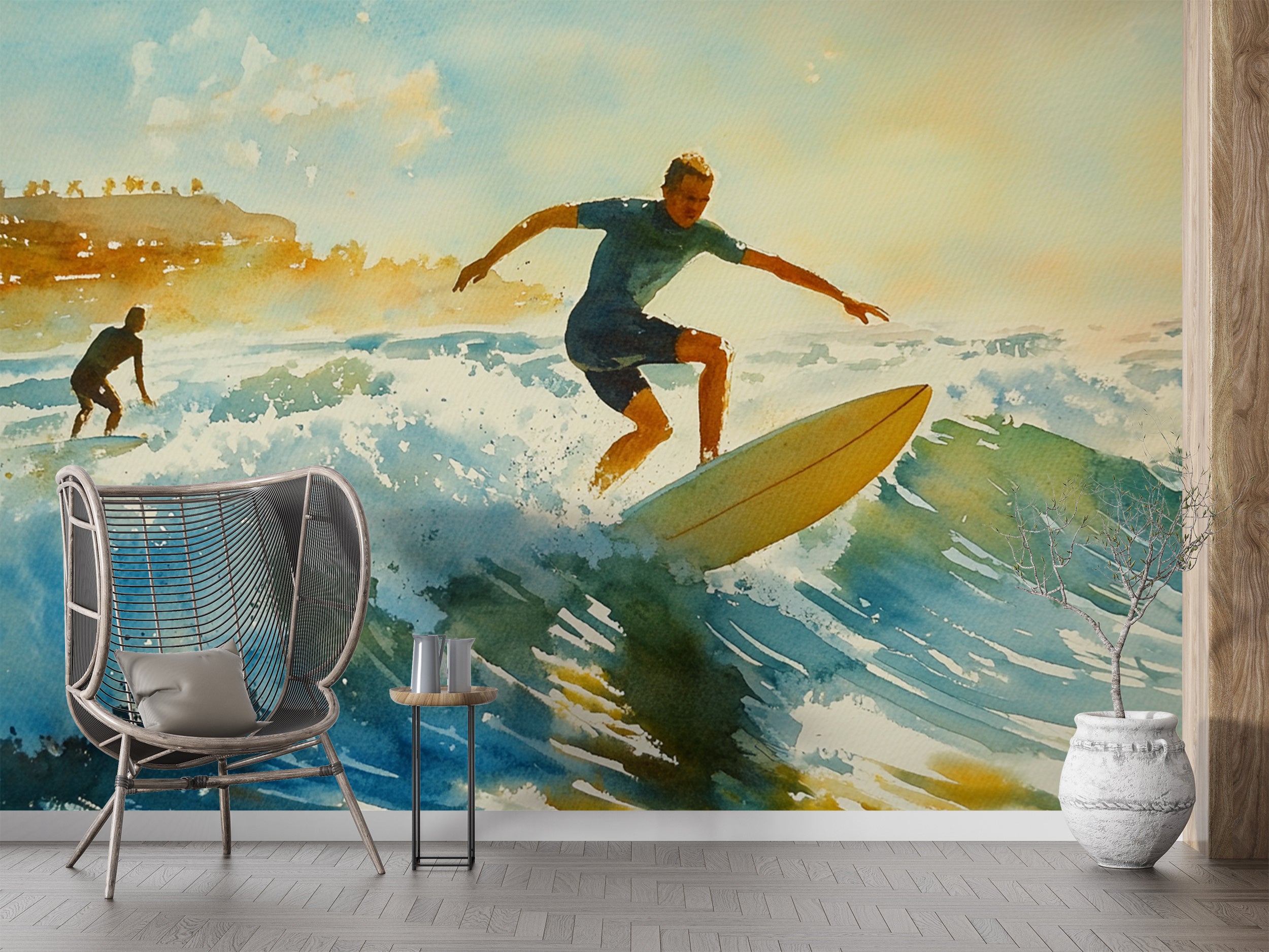 Surfers Wall Mural, Peel and Stick California Ocean Waves Wallpaper, Watercolor Surfers Coastal Art, Nautical Wallpaper