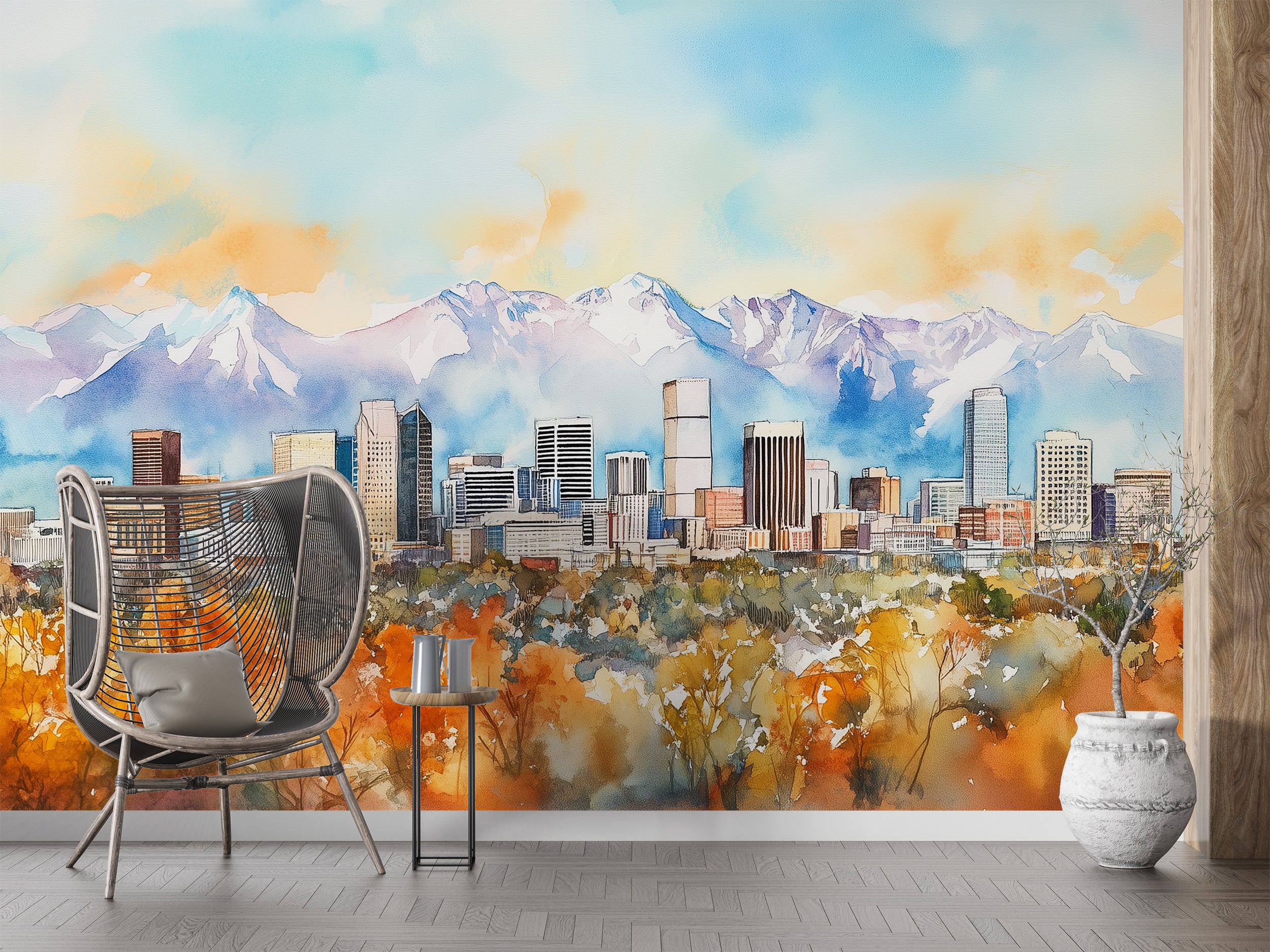 Denver Downtown Wall Mural, Peel and Stick Autumn Forest City and Mountains Wallpaper, Colorado Scenic Landscape Art