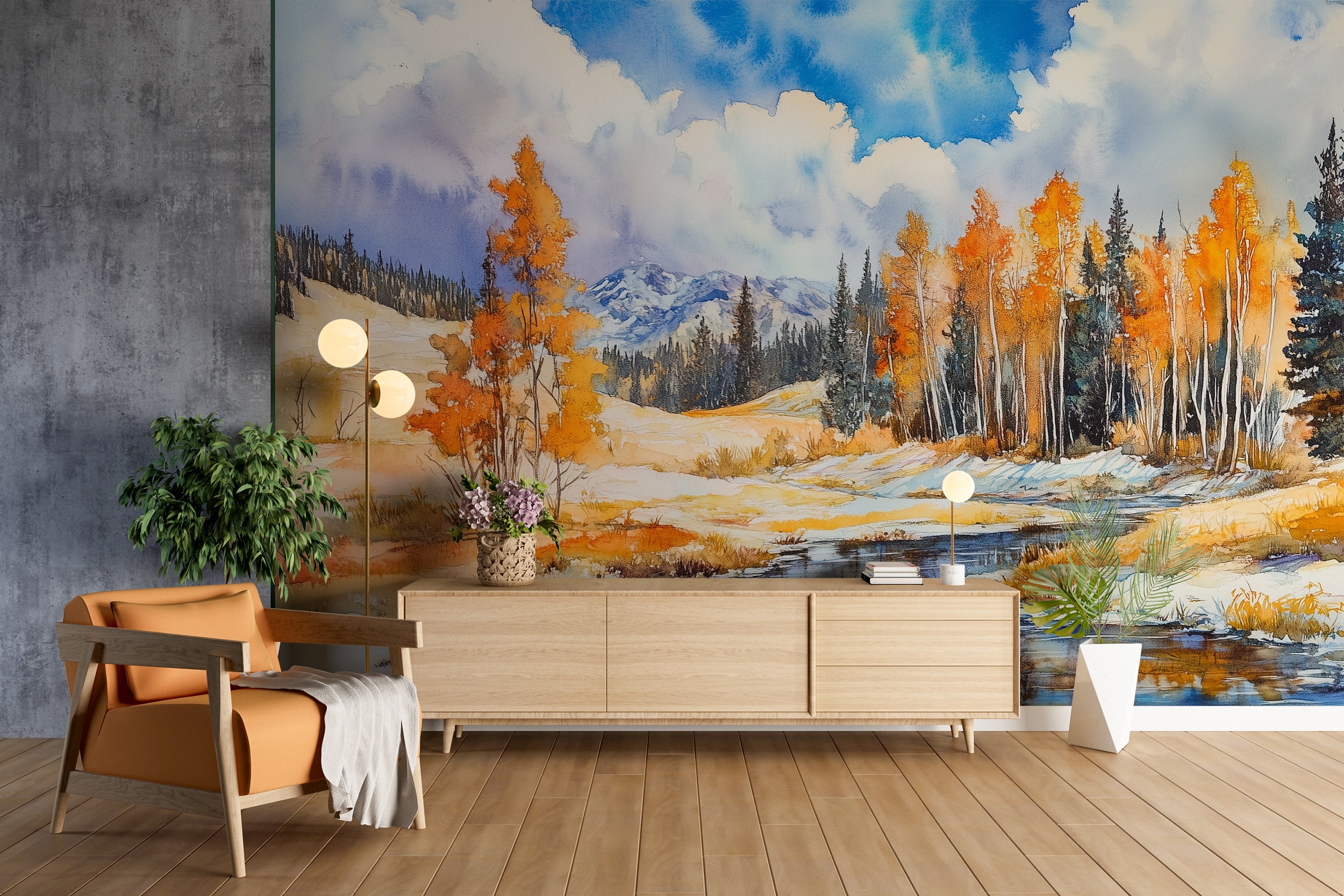 Wild Colorado Nature Wall Mural, Peel and Stick River and Pine Forest Wallpaper, Demi-Season Landscape Art