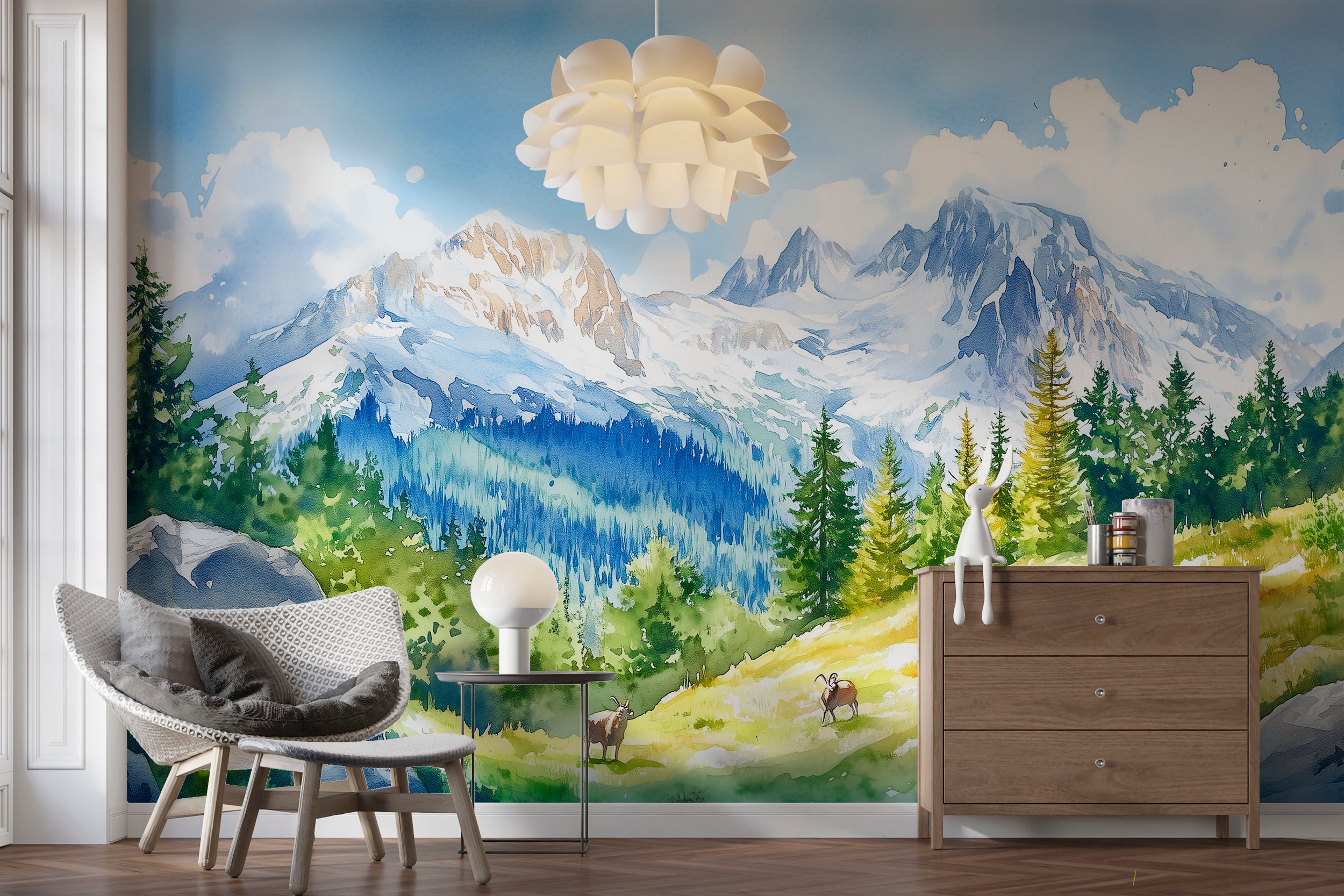 Rocky Mountains Wallpaper, Peel and Stick Snowy Mountain and Green Valley Mural, Colorado Wild Nature Scenic Decor