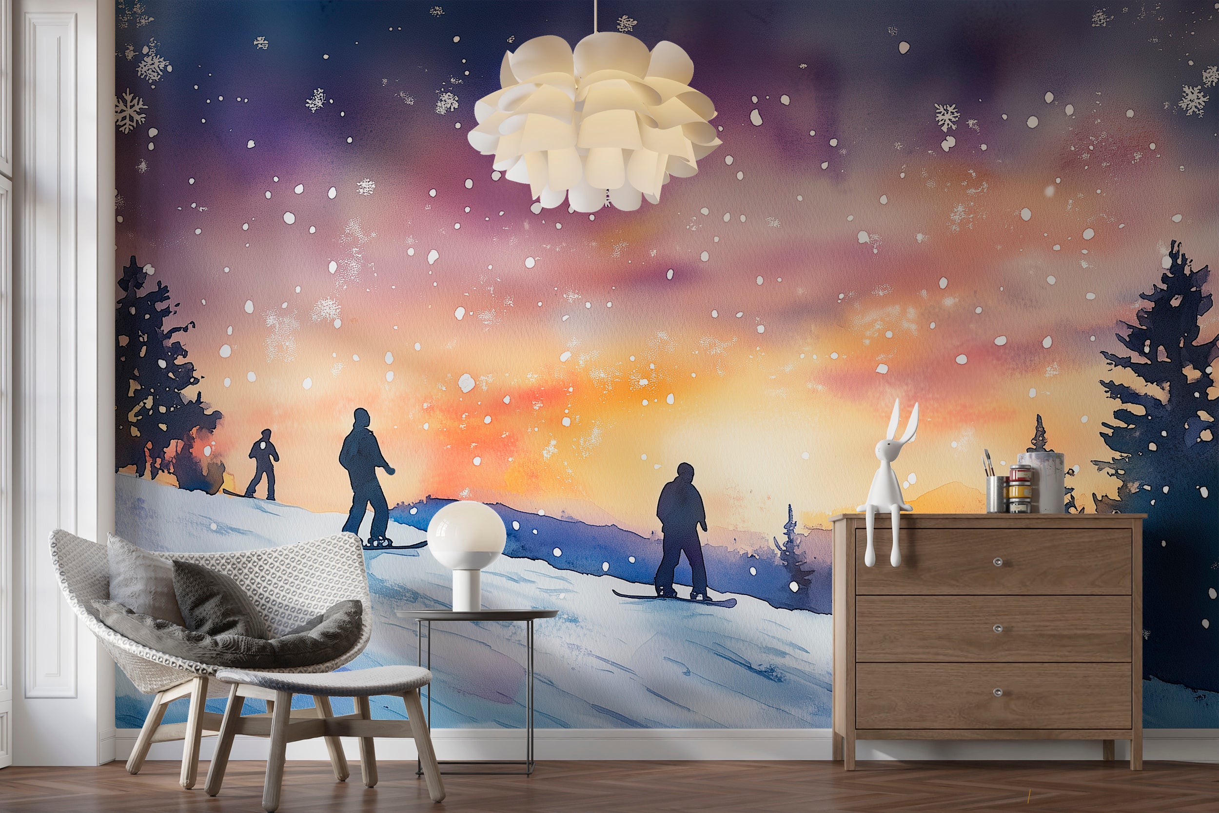 Snowboarders on the Slope Mural, Peel and Stick Snowy Night Wallpaper, Colorado Winter Mountain Slopes Dark Decor