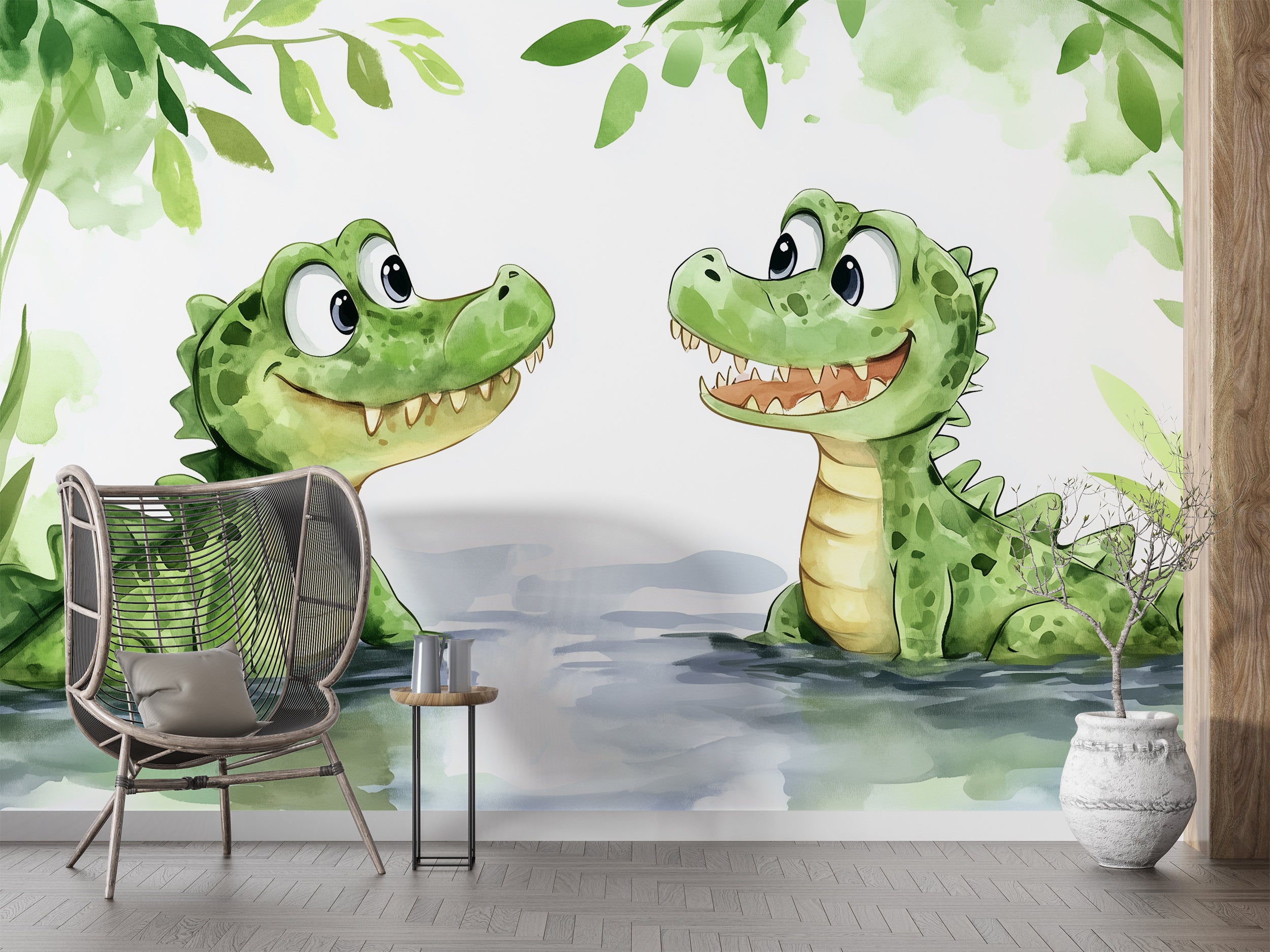 Cute Crocodiles Wall Mural, Peel and Stick Cartoon Style Alligators in the River Wallpaper, Nursery Watercolor Animals Art