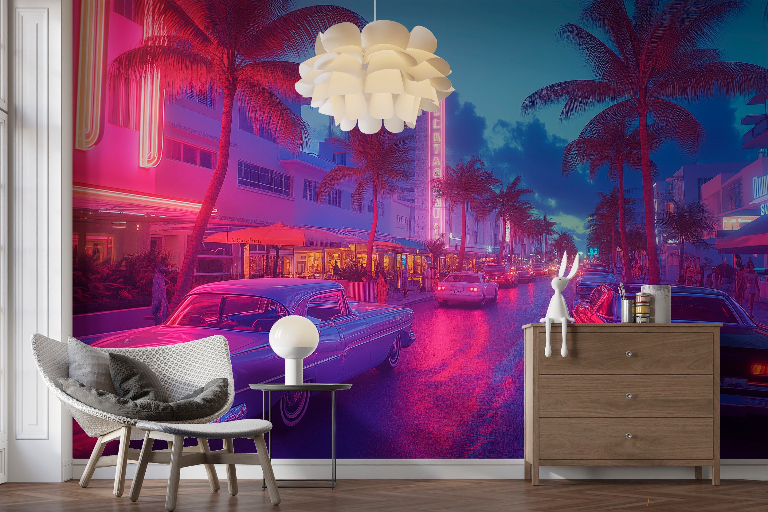 South Beach Florida Mural, Peel and Stick Neon Style Miami Street Wallpaper, Retro Cars in Miami Wall Art