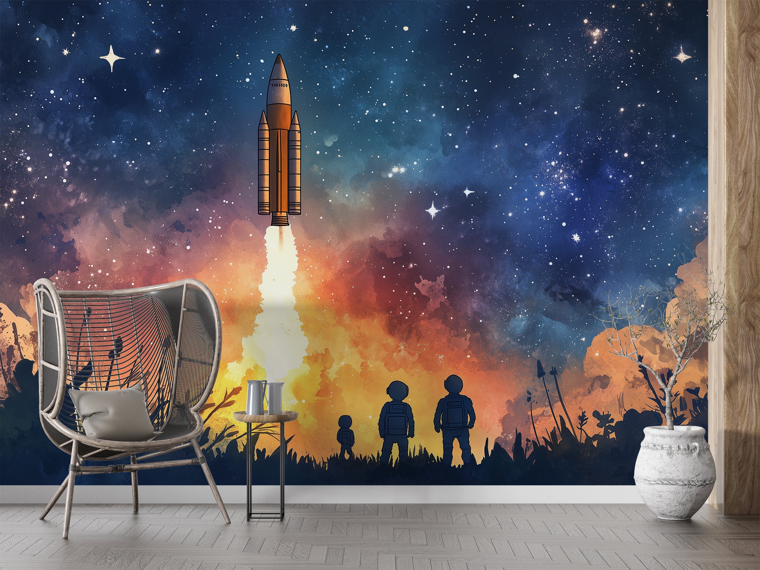 Rocket Launch Pad Wall Mural, Peel and Stick Starry Night Wallpaper, Astronauts Celestial Mural, Watercolor Stars Art