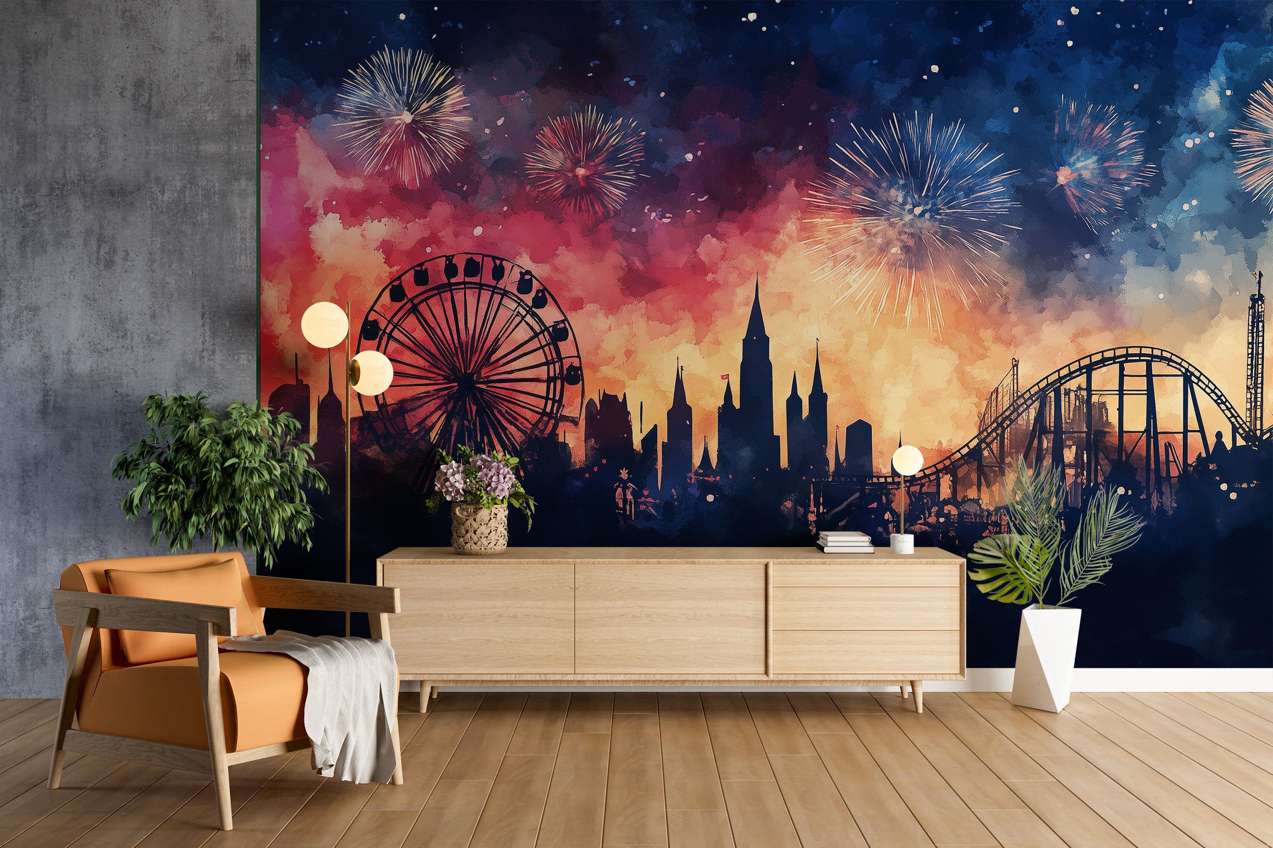 Ferris Wheel and Castle Wallpaper, Peel and Stick Florida Iconic Park View Mural, Fireworks Colorful Wall Art