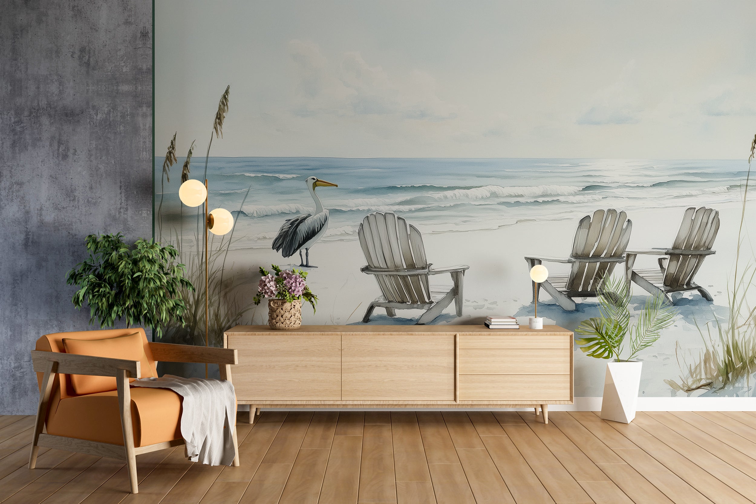 Pelicans on White Sand Beach Mural, Peel and Stick Calm Ocean Wallpaper, Florida Coastal Wall Decor