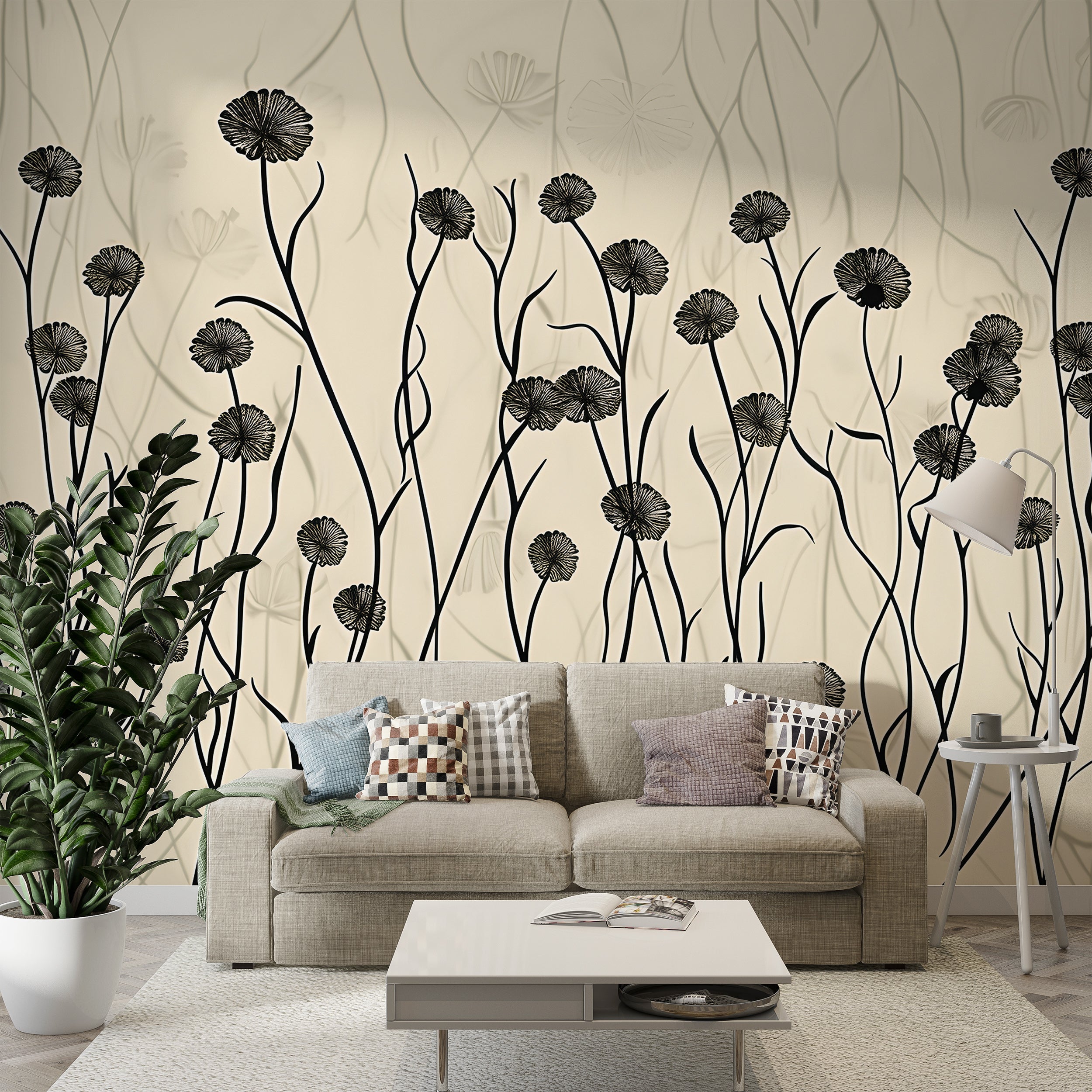 Beige Plants Wall Mural, Light Botanical Wallpaper, Abstract Floral Wall Decal, Peel and Stick Beige Flower Mural, Meadow Flowers Mural