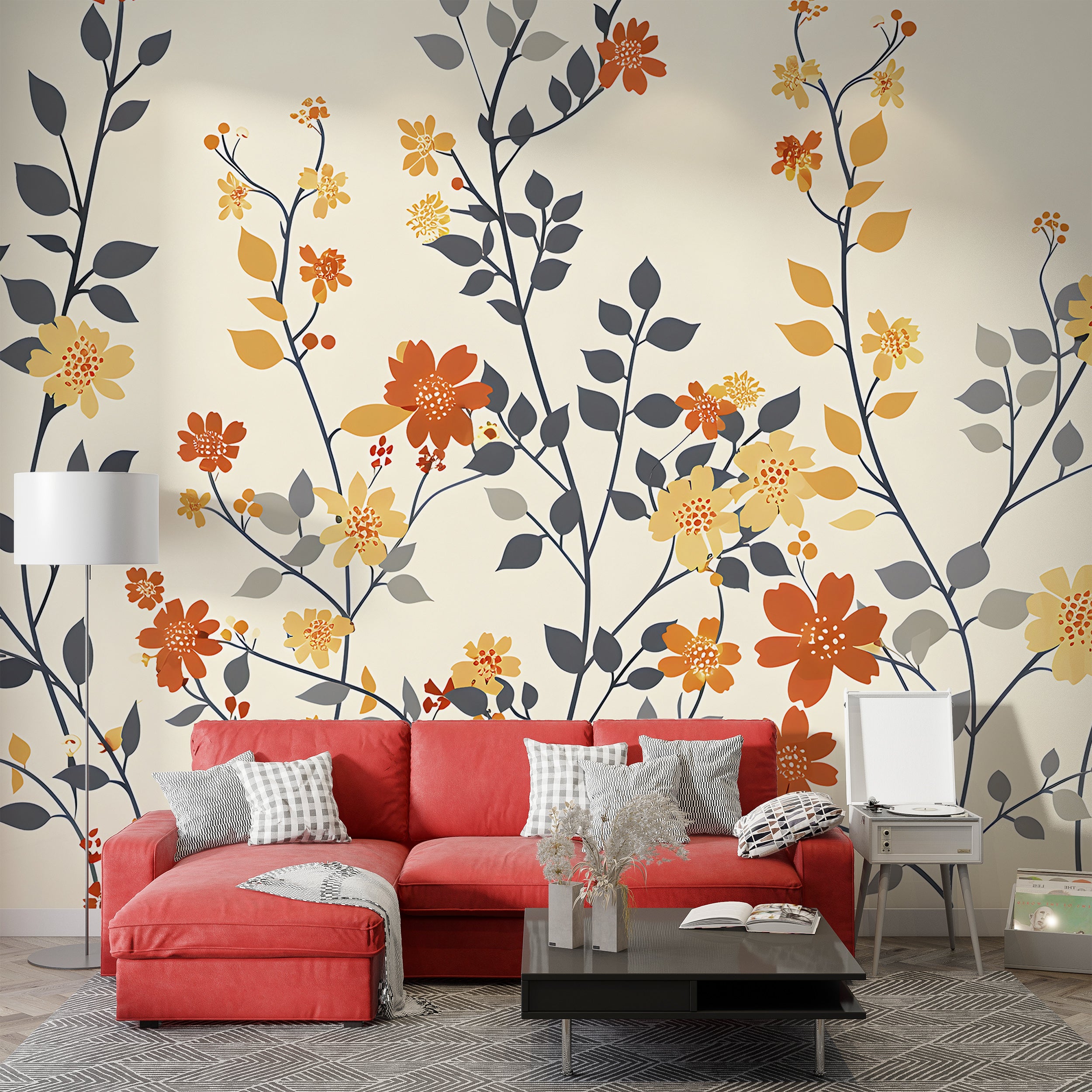 Beige Floral Mural, Red and Yellow Flowers Wallpaper, Self-adhesive Botanical Wall Decal, Removable Pastel Colors Meadow Flower Mural