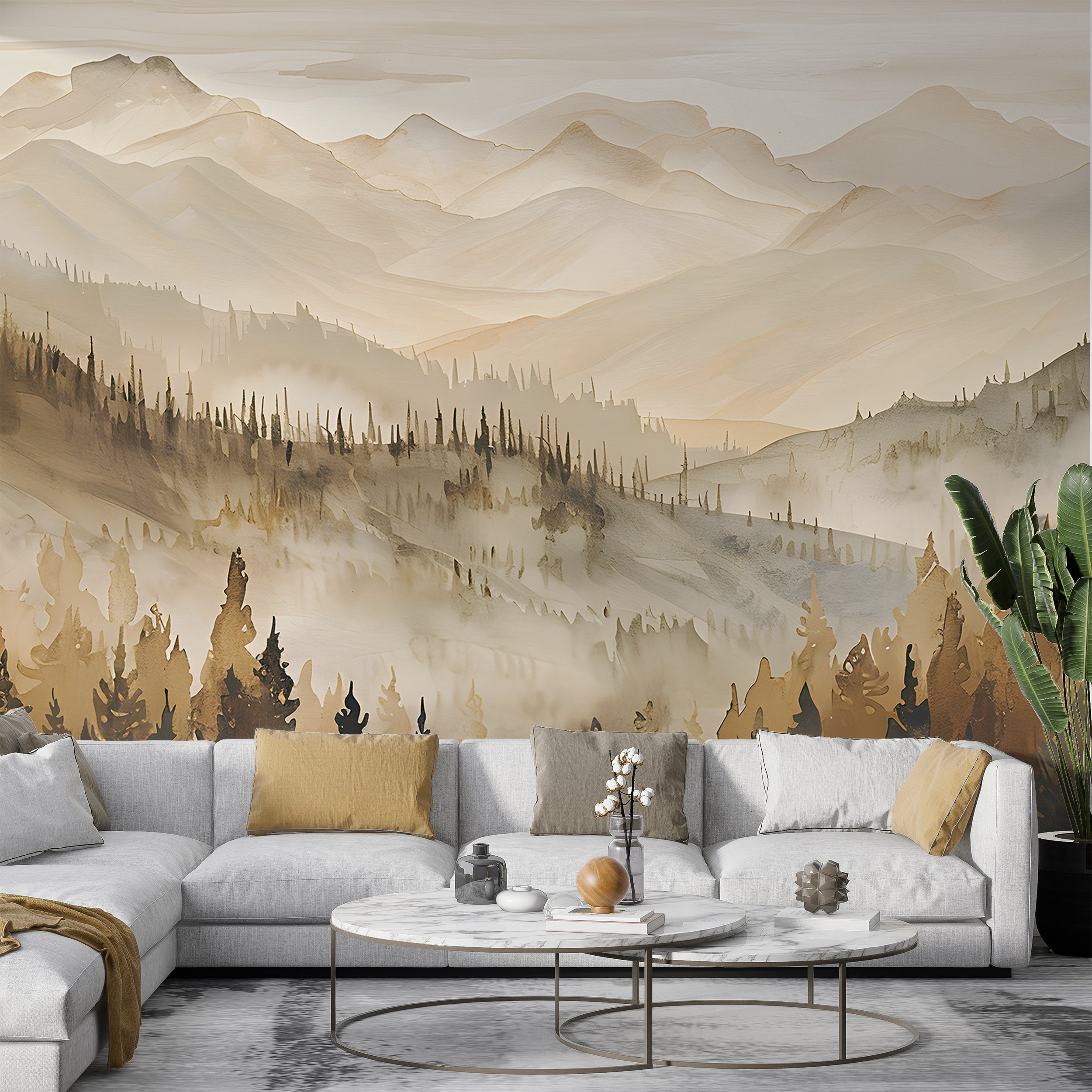 Brown and Beige Landscape Mural, Watercolor Mountains and Forest, Peel & Stick Nature Wall Decal, Removable Beige Pine Tree Forest