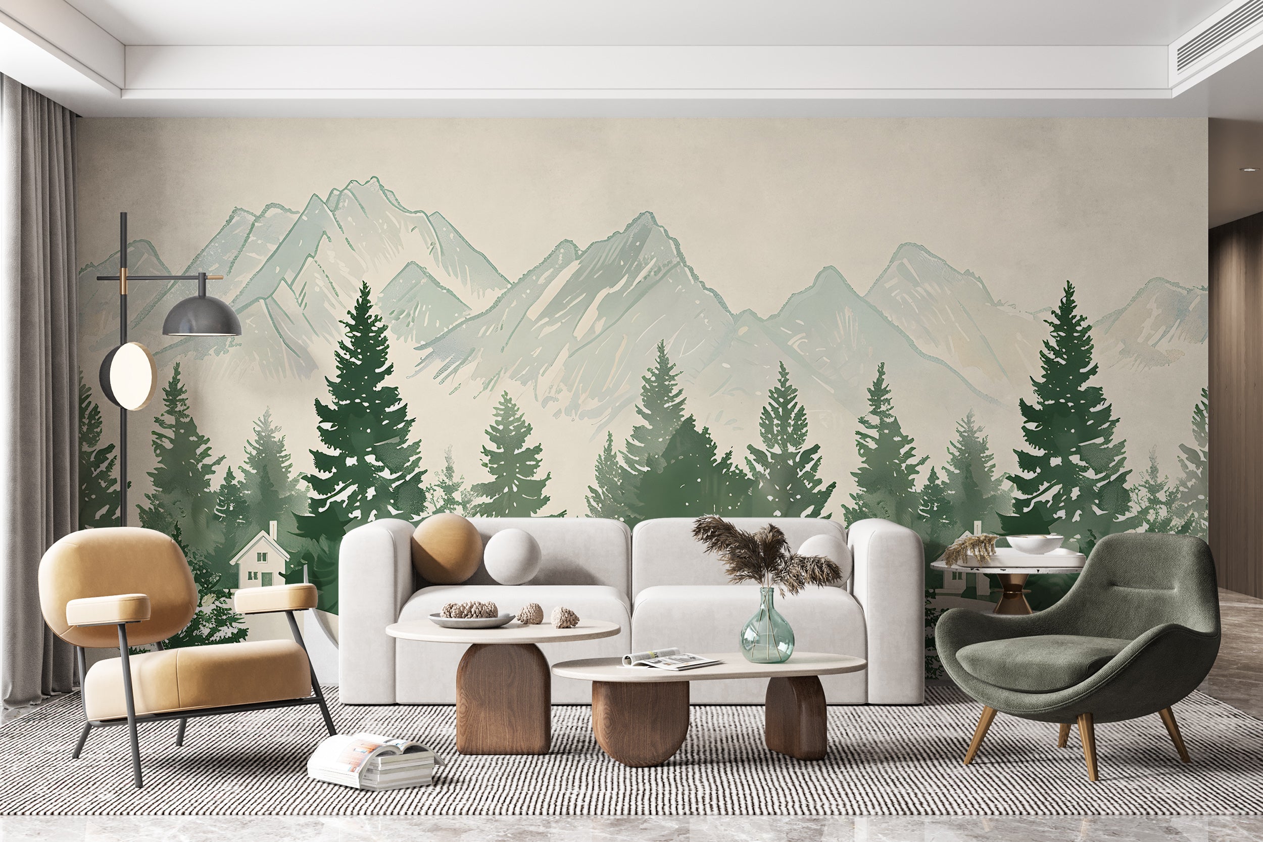 Monochrome Mountains and Forest Mural, Green and White Landscape Wallpaper, Self-adhesive Seamless Mountain Pattern, Removable Nature Decal