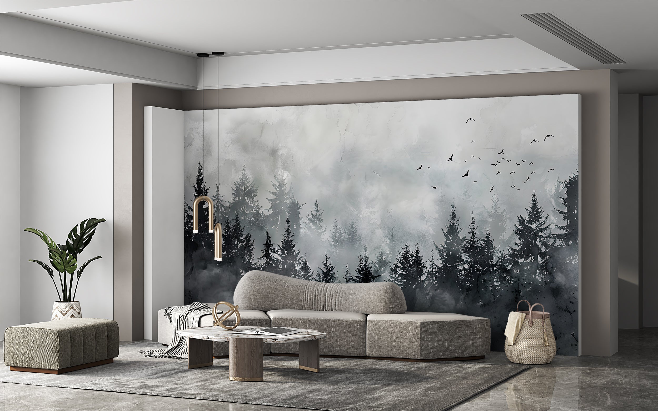 Black Foggy Forest Mural, Dark Watercolor Pine Tree Forest Wallpaper, Peel and Stick Clouds, Removable Birds and Trees Black & White