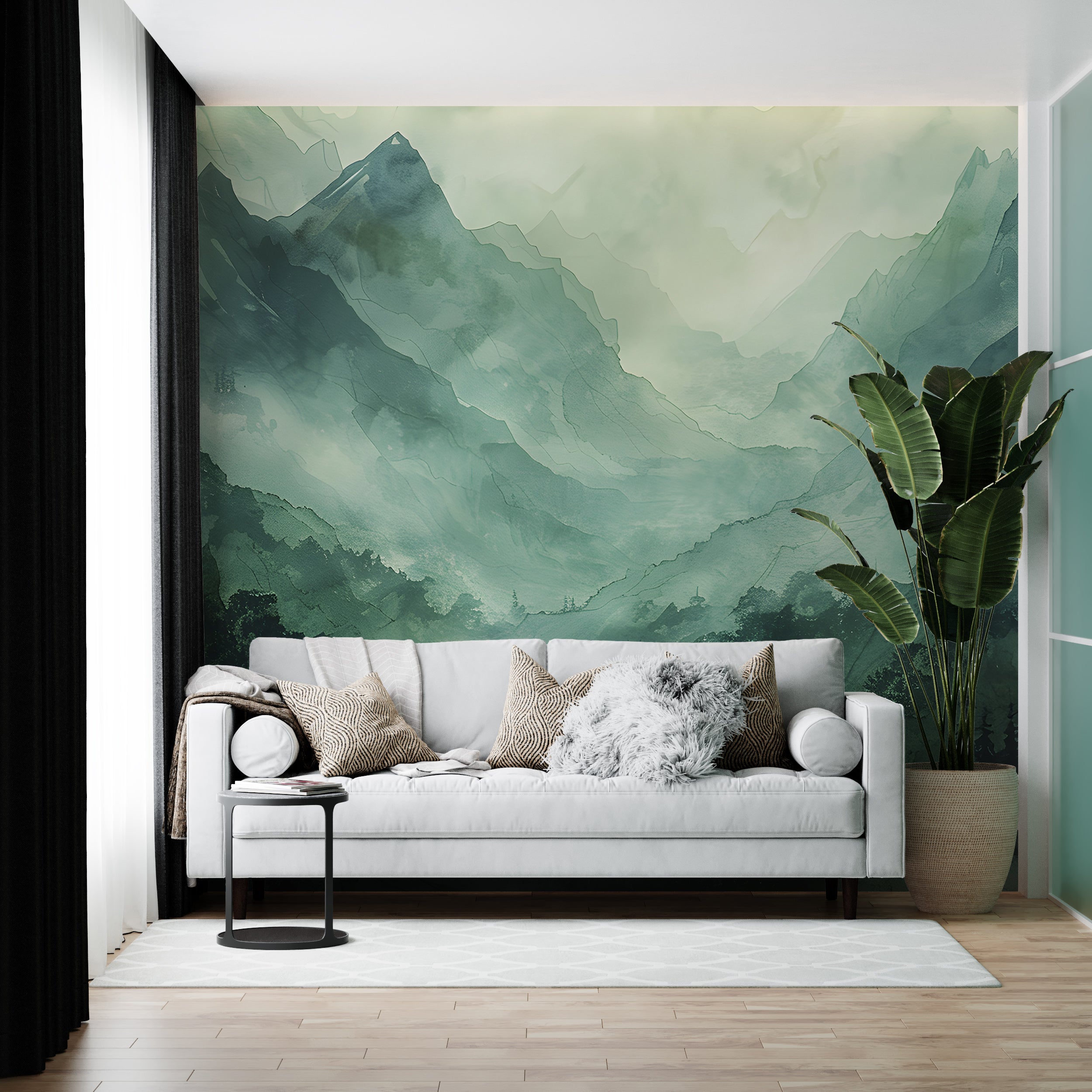 Watercolor Green Mountains Mural, Abstract Mountain Landscape Wallpaper, Peel and Stick Foggy Forest Art, Emerald Color Wild Nature Decor