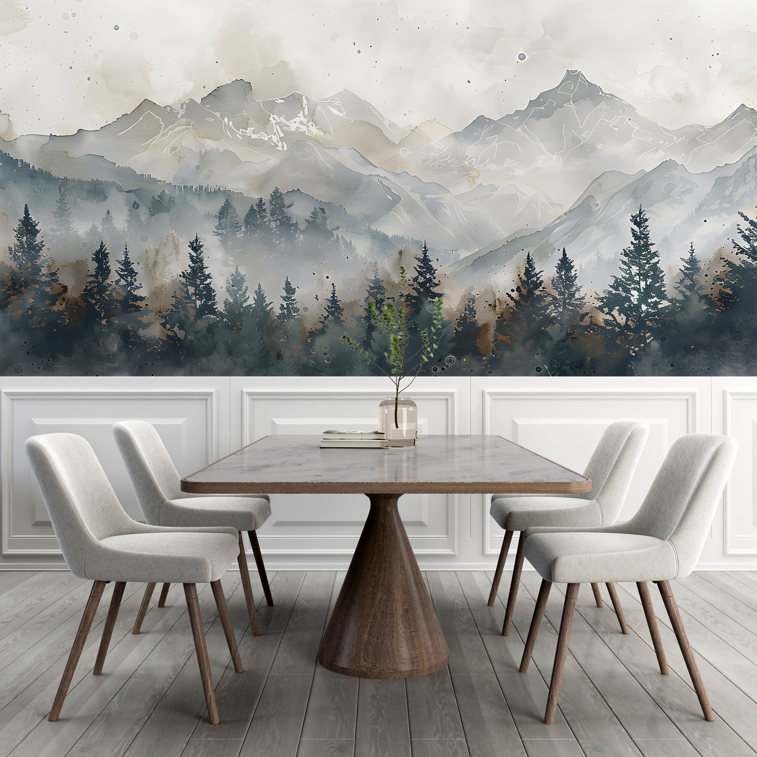 Forest and Mountains in Watercolor Style Mural, Grey Cloudy Mountain Landscape, Peel and Stick Pine Forest Natural Colors Wall Decor, Removable Wall Art