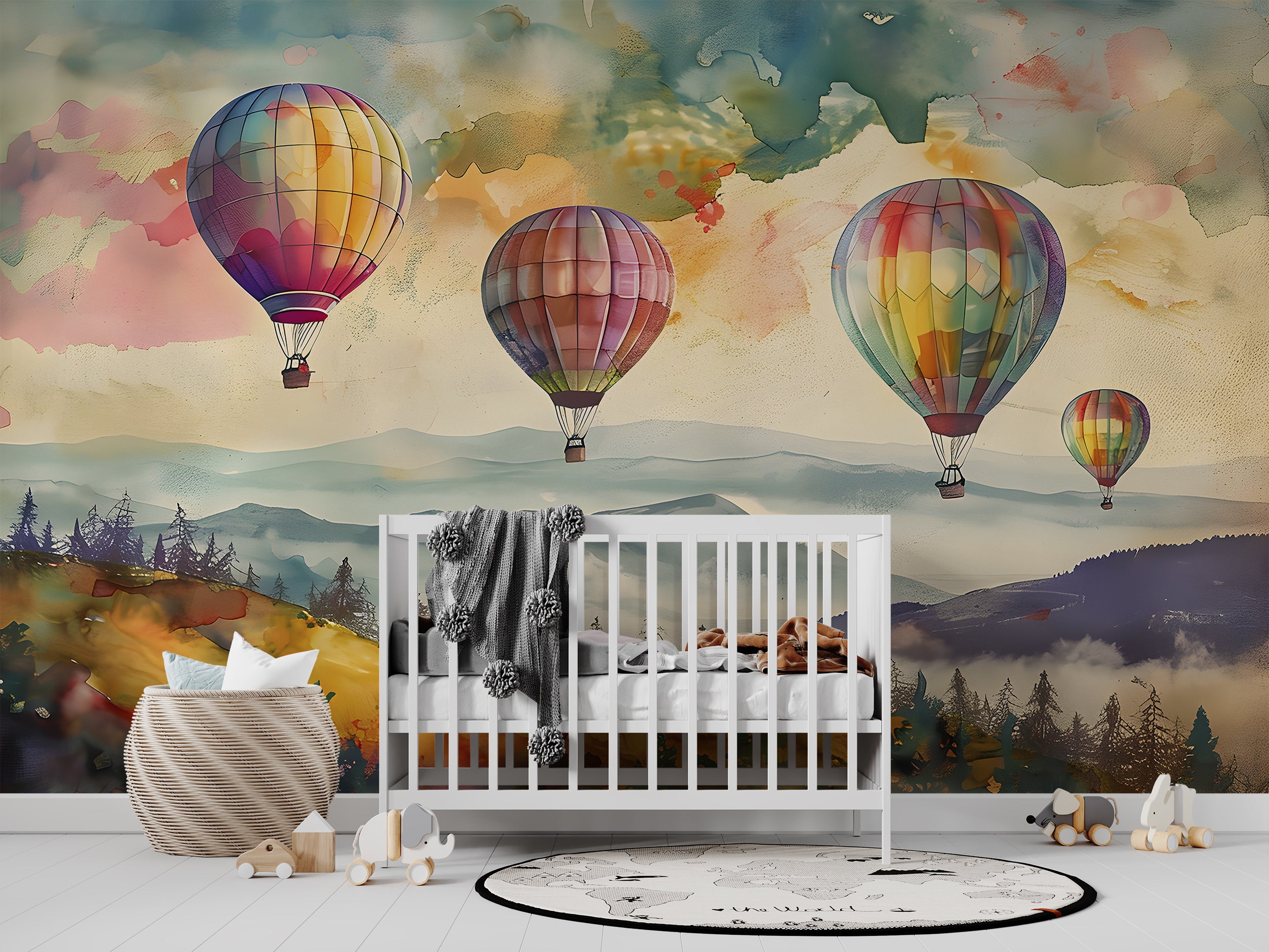 Colorful Hot Air Balloons Mural, Peel and Stick Watercolor Landscape, Nursery Multicolor Wall Decal, Mountains and Forest Kids Room PVC Free