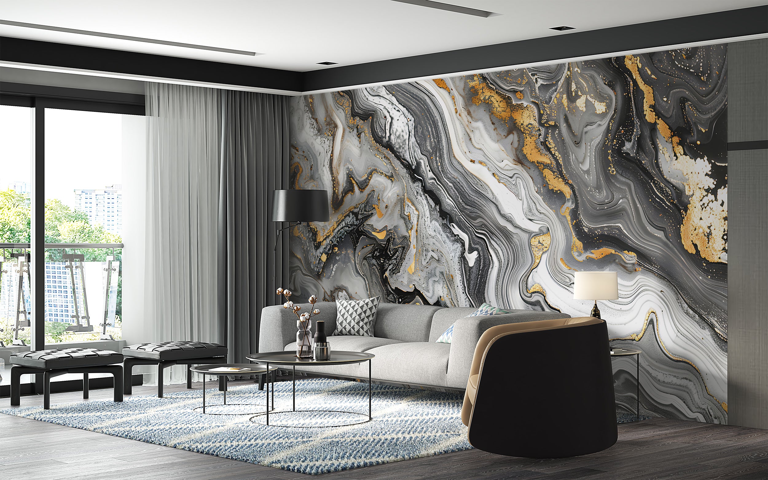 Black Grey and Gold Alcohol Ink Mural, Peel and Stick Dark Marble Wallpaper, Removable PVC-free Abstract Decor, Unique Custom Size Art
