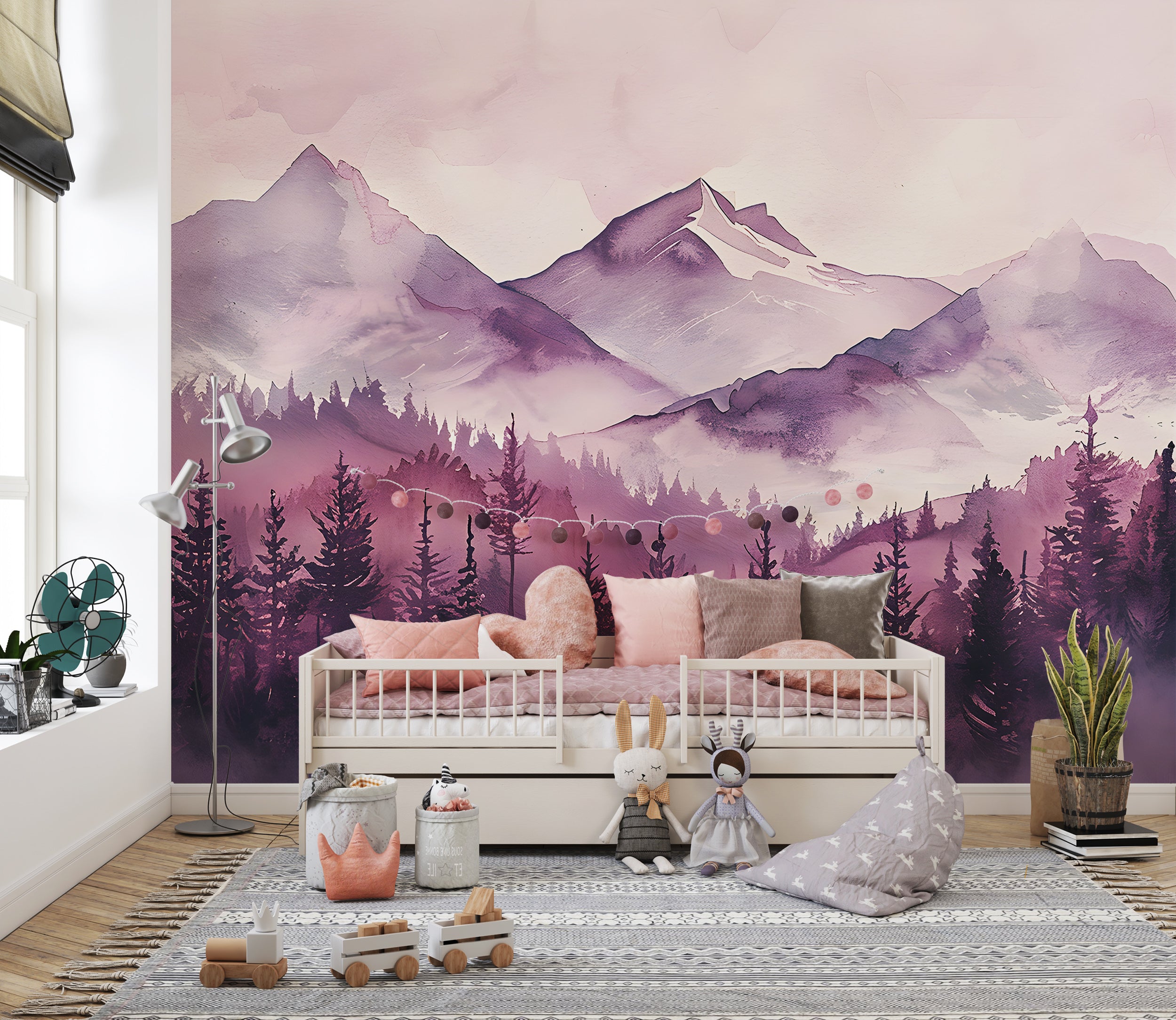 Soft Pink Mountains and Forest Mural, Peel and Stick Watercolor Mountains Landscape Wallpaper, Nursery Removable Custom Size Decor