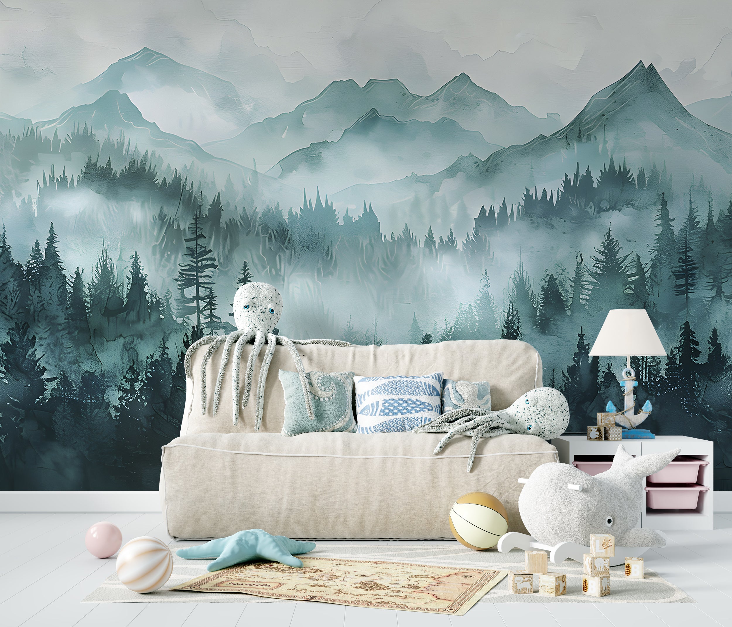Watercolor Mountains and Forest Mural, Abstract Mint Mountain Wallpaper, Nursery Peel and Stick Soft Green Landscape Mural, PVC free Decor