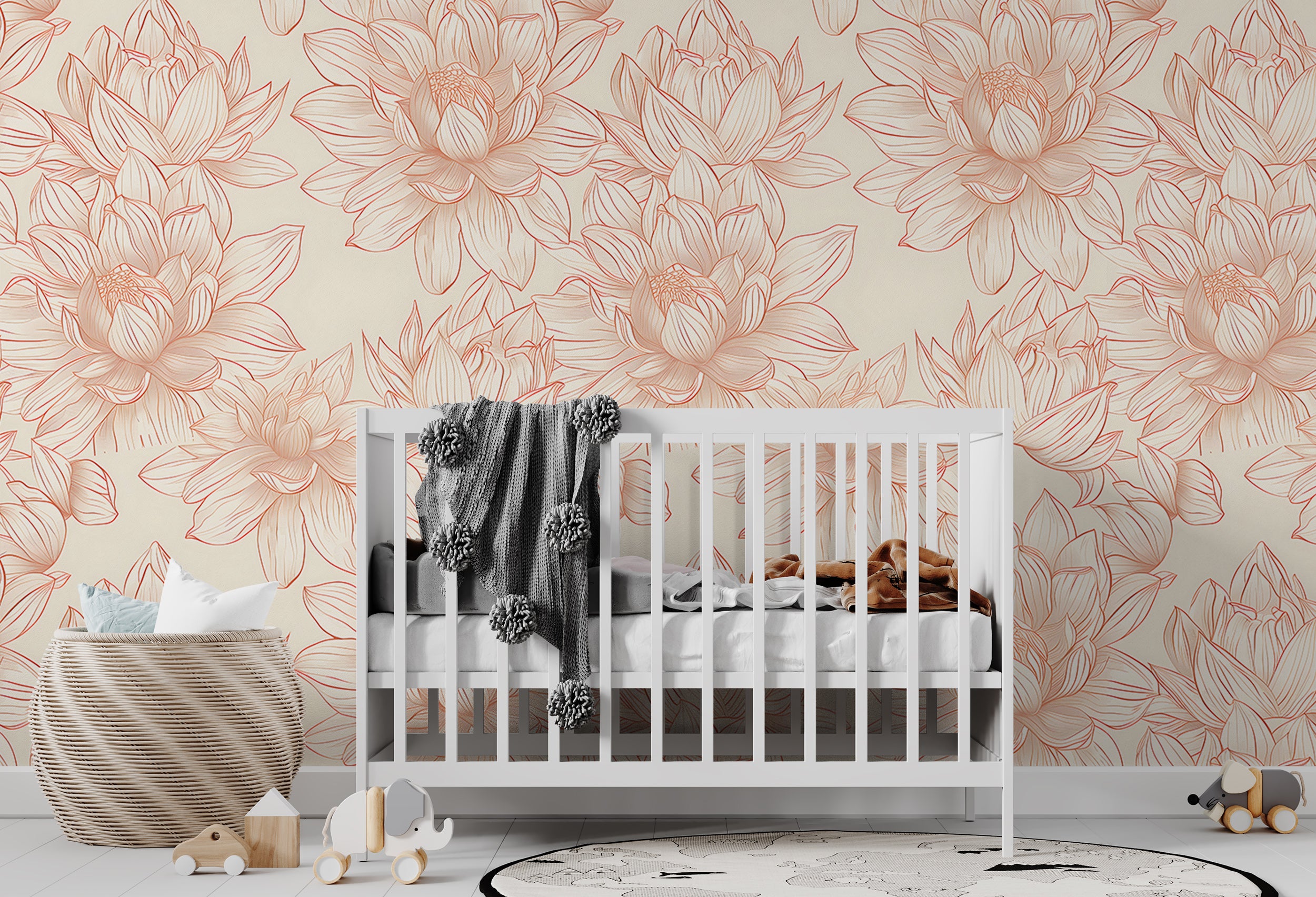 Lotus Flowers Wallpaper, Peel and Stick Pastel Colors Floral Wallpaper, Dusty Rose and Beige Botanical Wall Decor, Removable Flower Pattern Decal