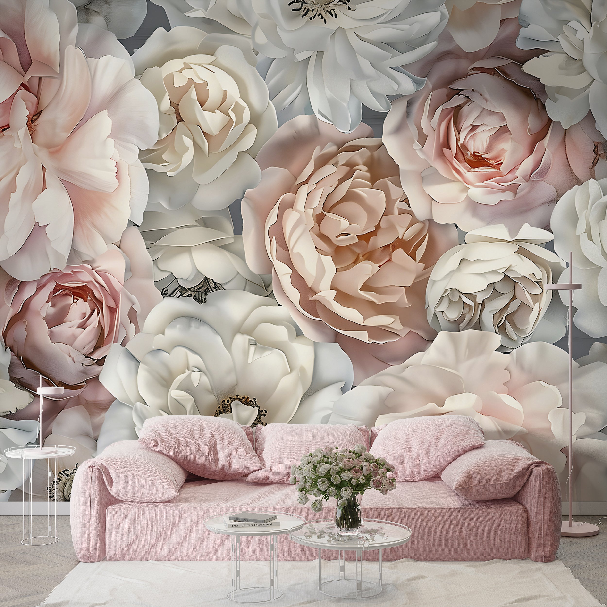 Large Peonies Wall Mural, Watercolor Pastel Pink and White Floral Wallpaper, Removable Peony Wall Decor, Unique Custom Size Botanical Art