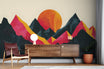 Abstract Landscape in Pop Art Style Mural, Peel and Stick Mountain Sunset Wallpaper, Modern Accent Wall Art, Green and Orange Decor