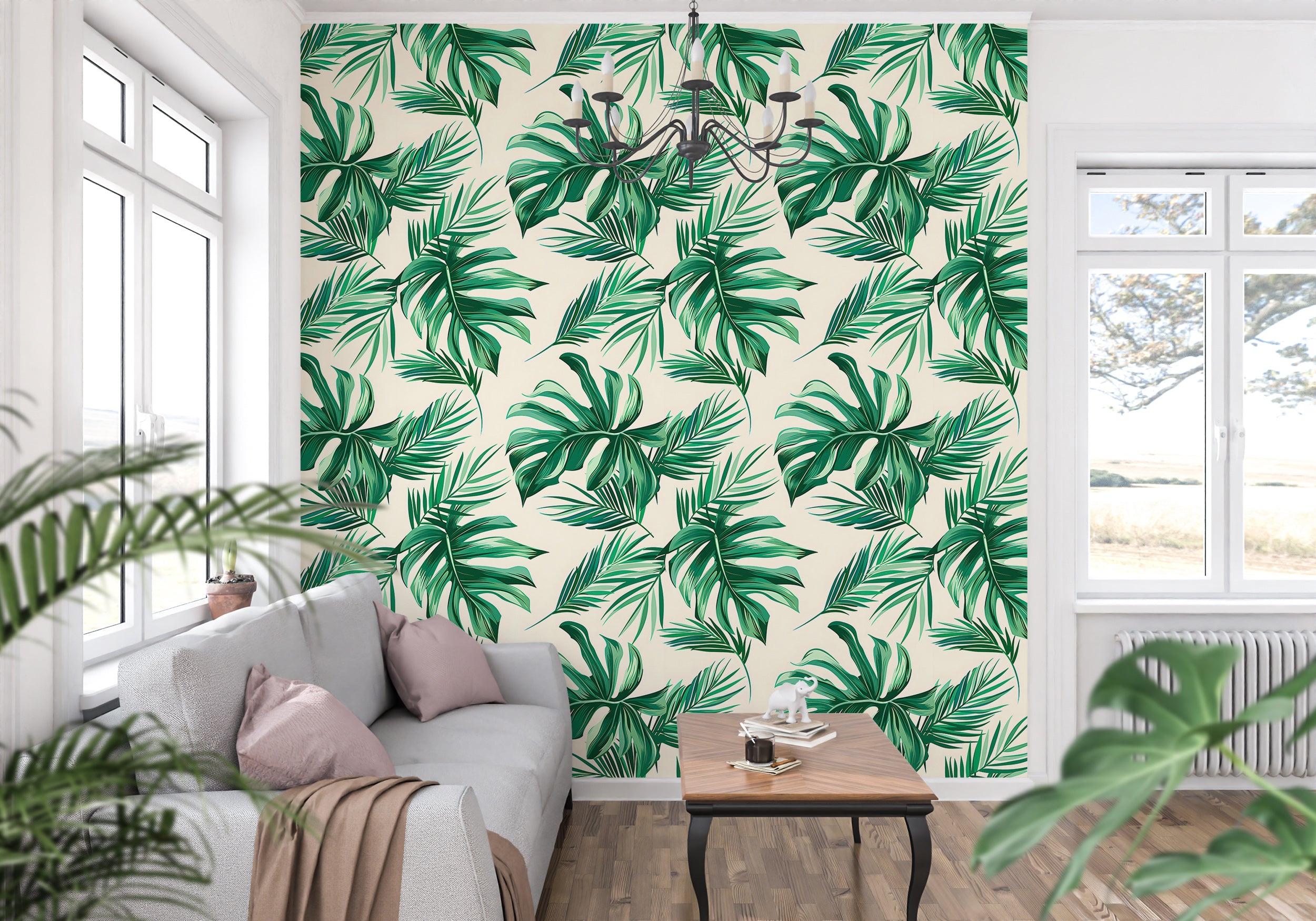 Palm Leaves Wallpaper, Green and Beige Tropical Wall Decal, Peel and Stick Palms Wallpaper, Removable Jungle Floral Wall Decor