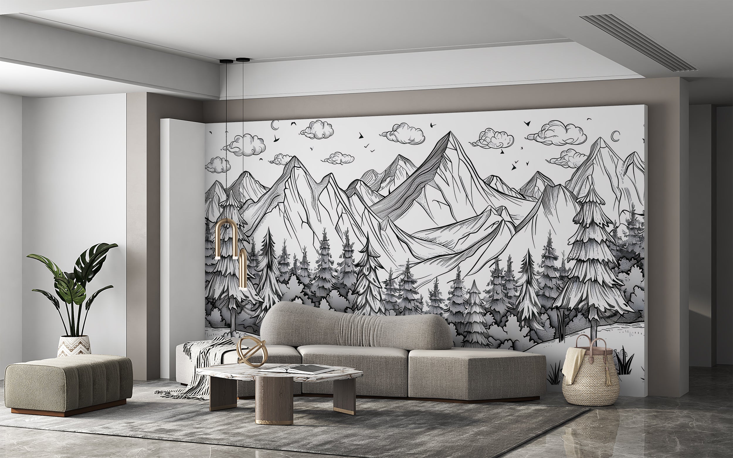 Mountains and Forest in Doodling Style Mural, Peel and Stick Nature Landscape Sketch Wallpaper, Black&White Cartoon Landscape Decor