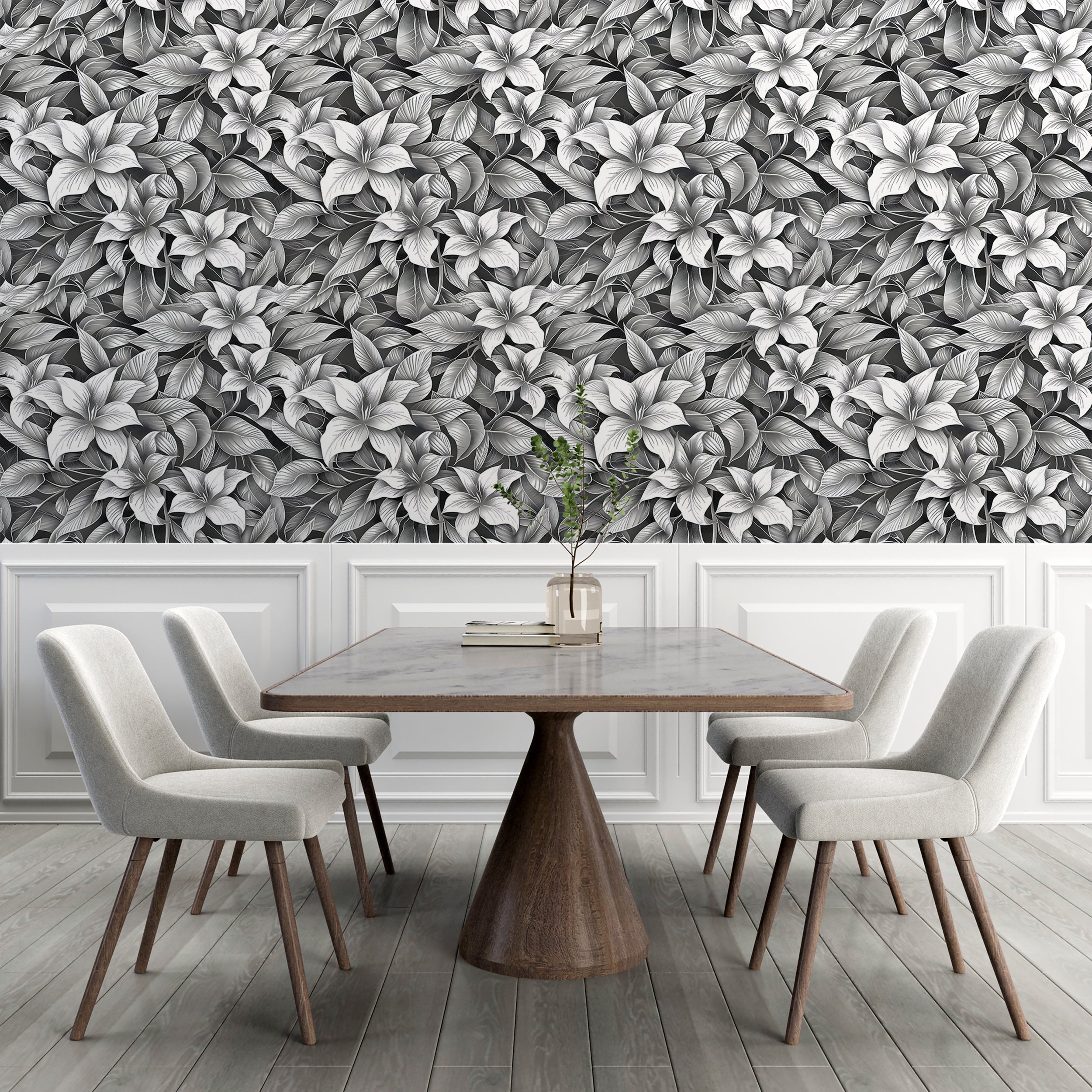 Stippling Style Floral Wallpaper, Peel and Stick Monochrome Flowers Decal, Black and White Floral Wallpaper, Removable Flower Pattern