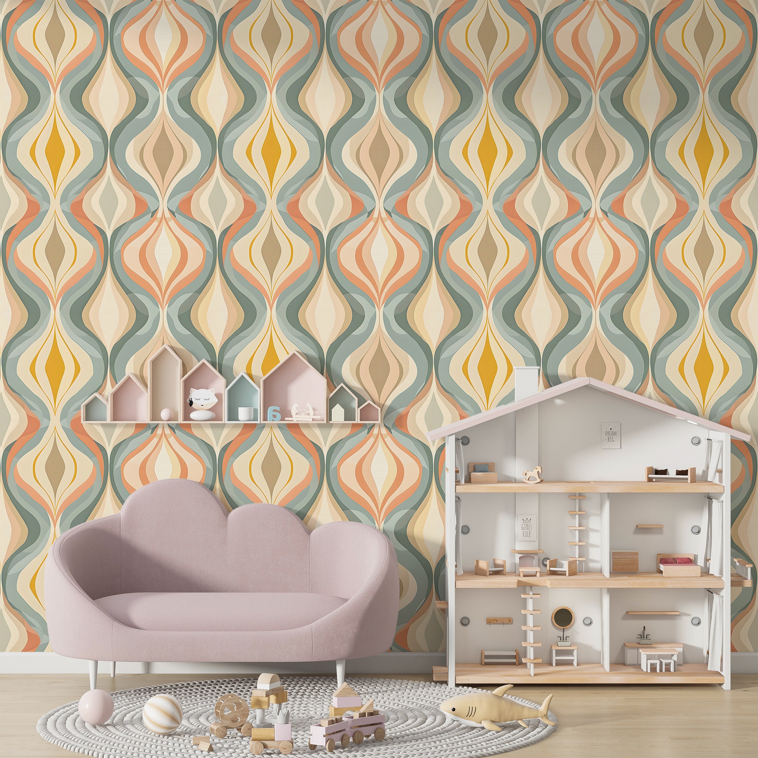 Abstract Wavy Pattern Wallpaper in Pastel Colors, Peel and Stick Geometrical Wallpaper, Removable PVC free Nursery Wall Decal