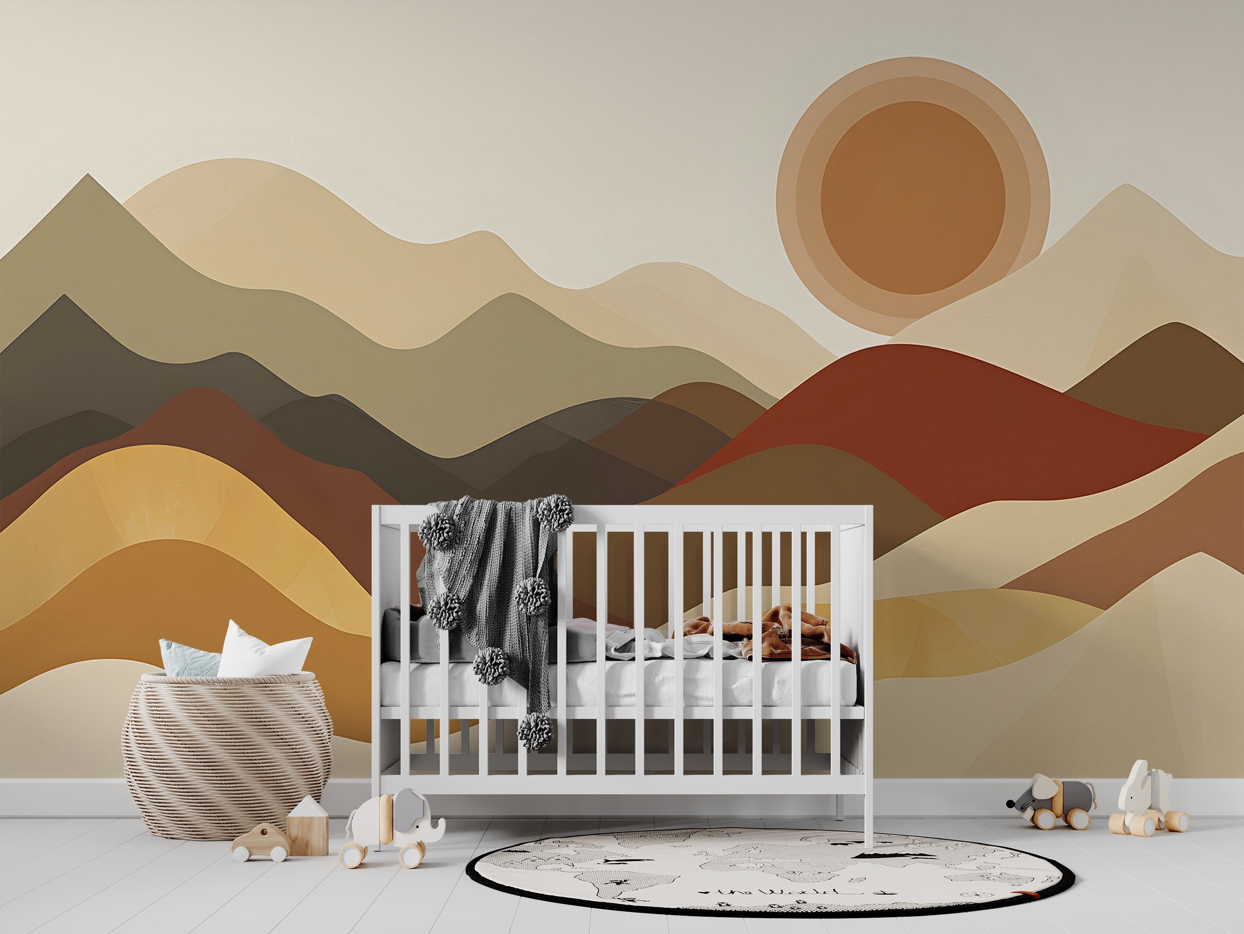 Boho Style Mountains Sunset Mural, Beige and Brown Watercolor Mountain Landscape, Nursery Peel and Stick Abstract Sand Dunes