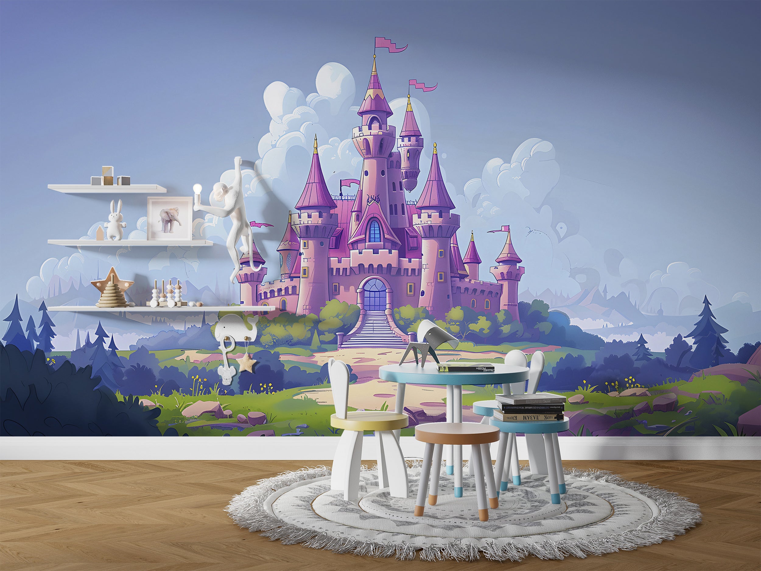 Pink Princess Castle Mural, Peel and Stick Nursery Dreamy Castle Wallpaper, Cartoon Style Kids Room Colorful Castle, PVC free Removable Decal