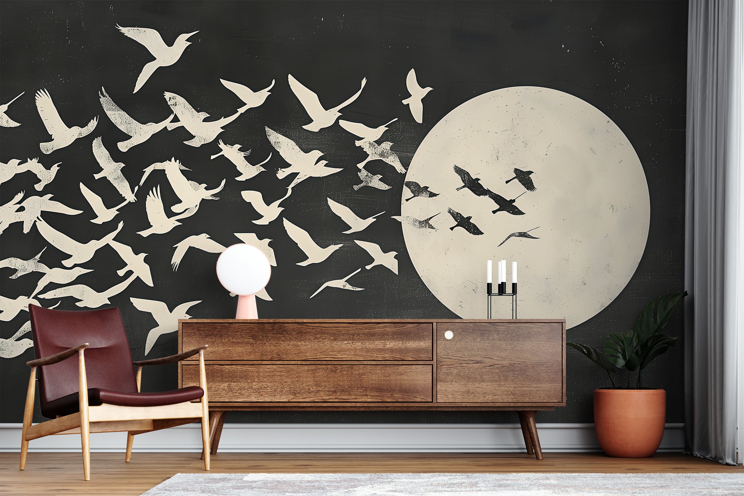 Abstract Birds Swallow Mural, Black and White Abstract Wallpaper, Peel and Stick Japanese Birds and Sun Art, Removable Two-Color Decor