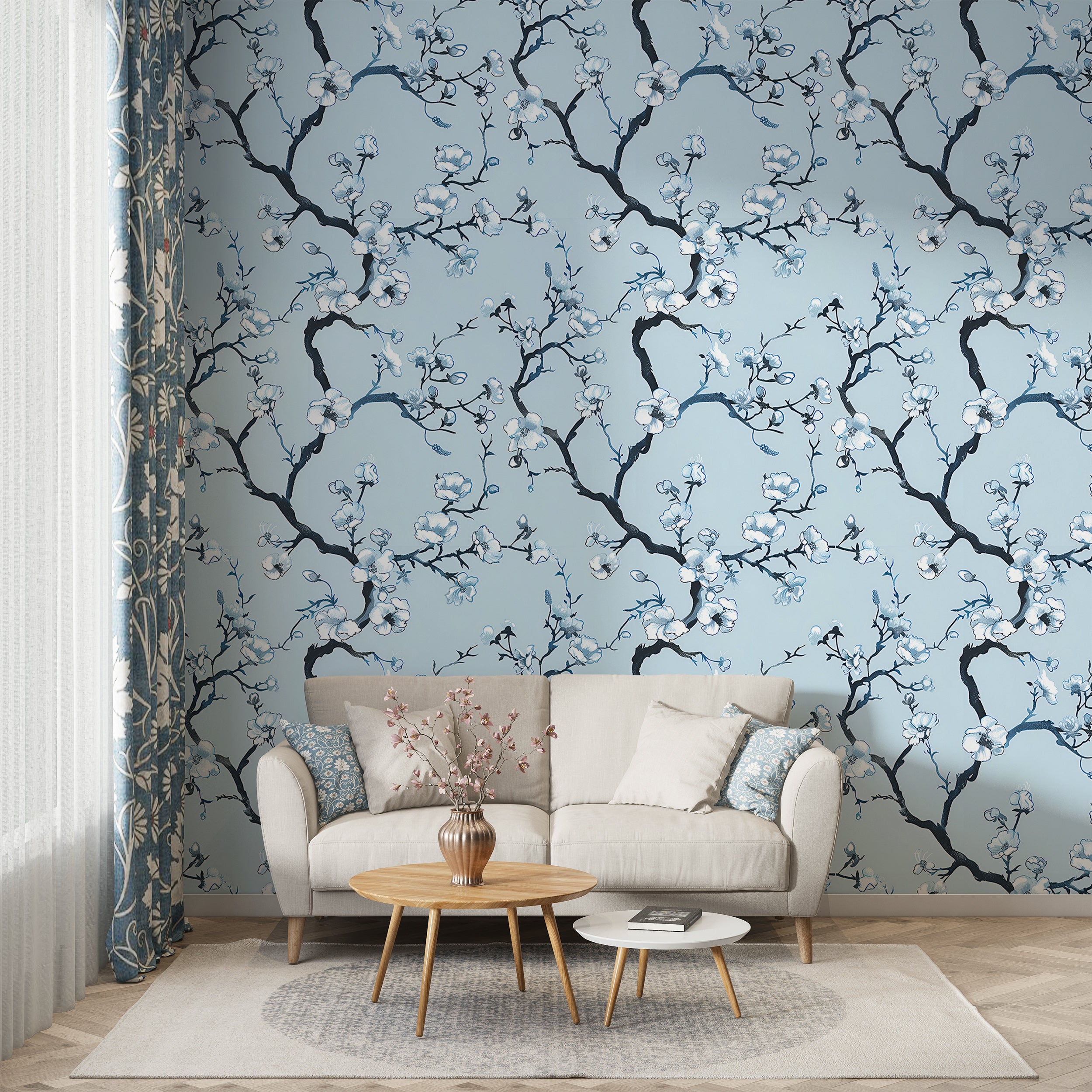 Delicate Blue Floral Wallpaper, Peel and Stick Blossom Branches, Watercolor Light Botanical Wallpaper, Tree Flowers Wall Decor