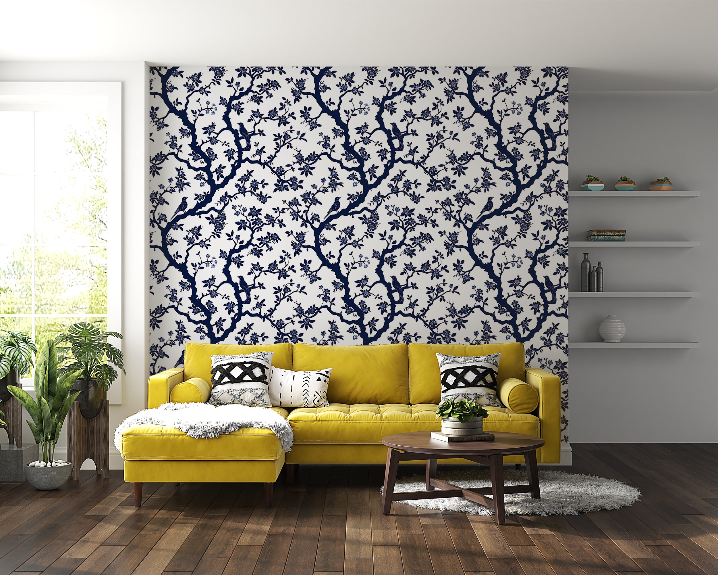 Blue and White Chinoiserie Wallpaper, French Style Floral Wall Decor, Peel and Stick Blue Botanical Wallpaper, Removable Flowers & Birds