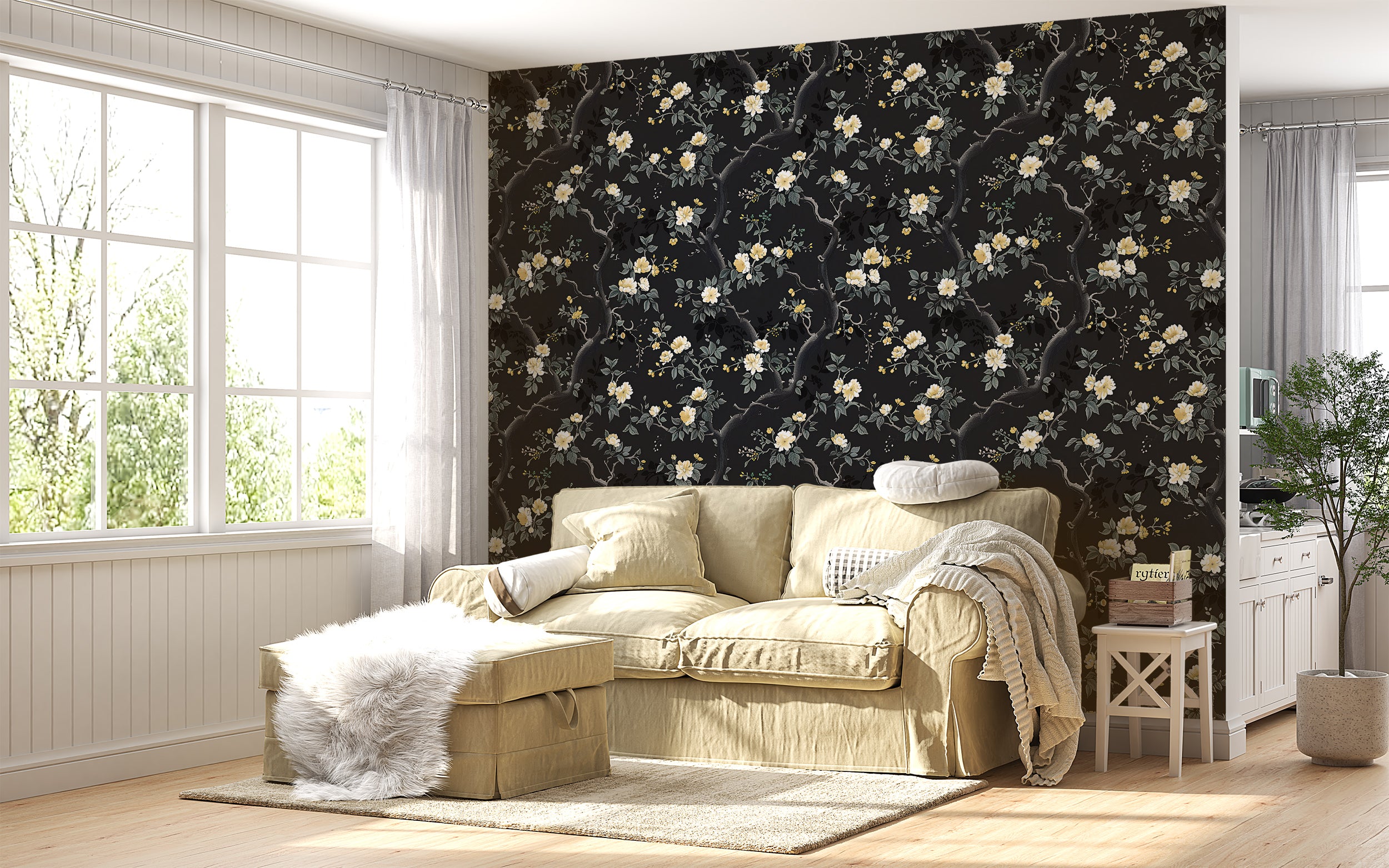 Black Chinoiserie Wallpaper, Peel and Stick Dark Floral, Removable Dark Leaves and Branches Wallpaper, Small Flowers Wallpaper