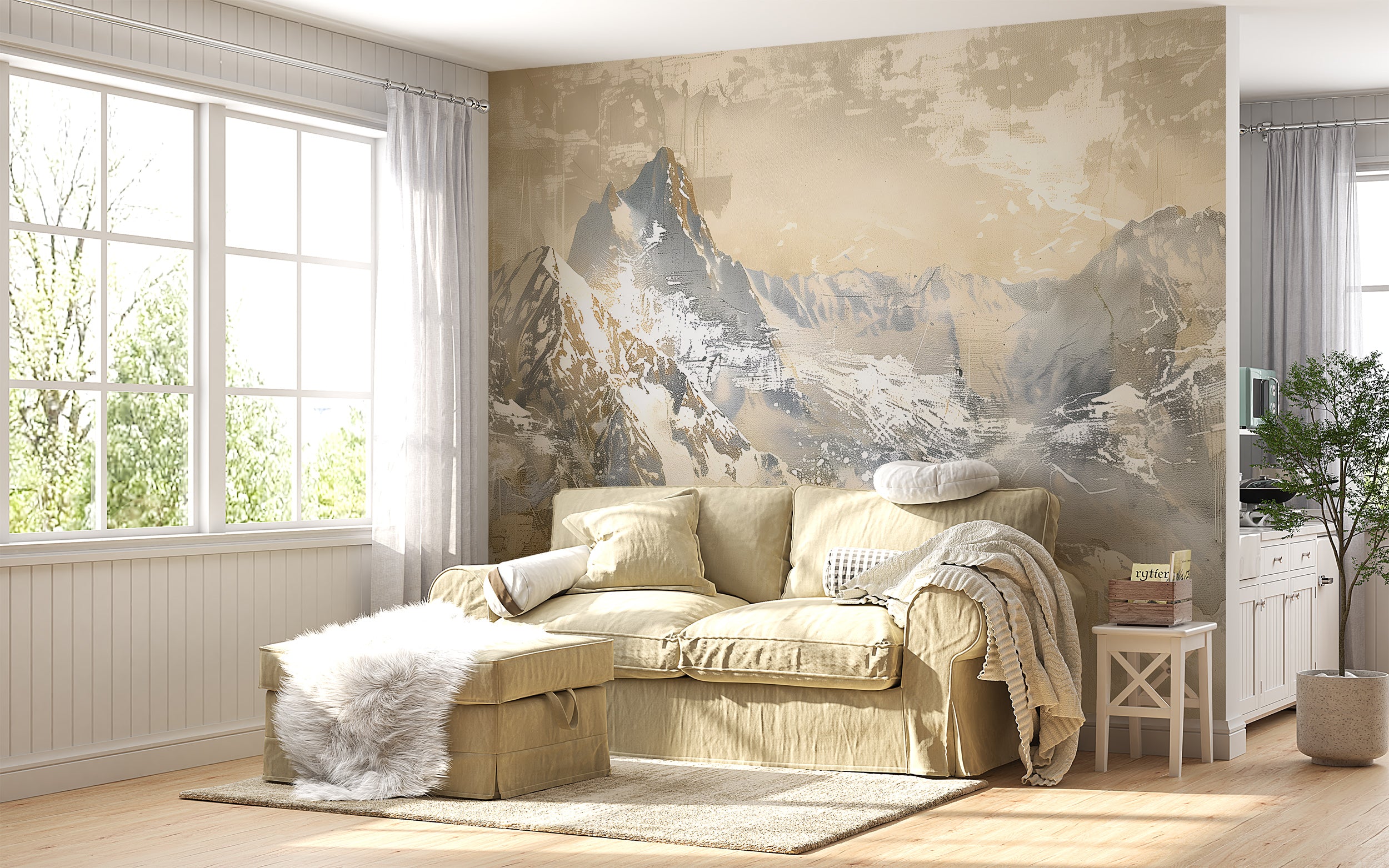 Abstract Beige Mountains Mural, Peel and Stick Watercolor Landscape Wallpaper, Removable Accent Wall Oil Painting Mountains Decor