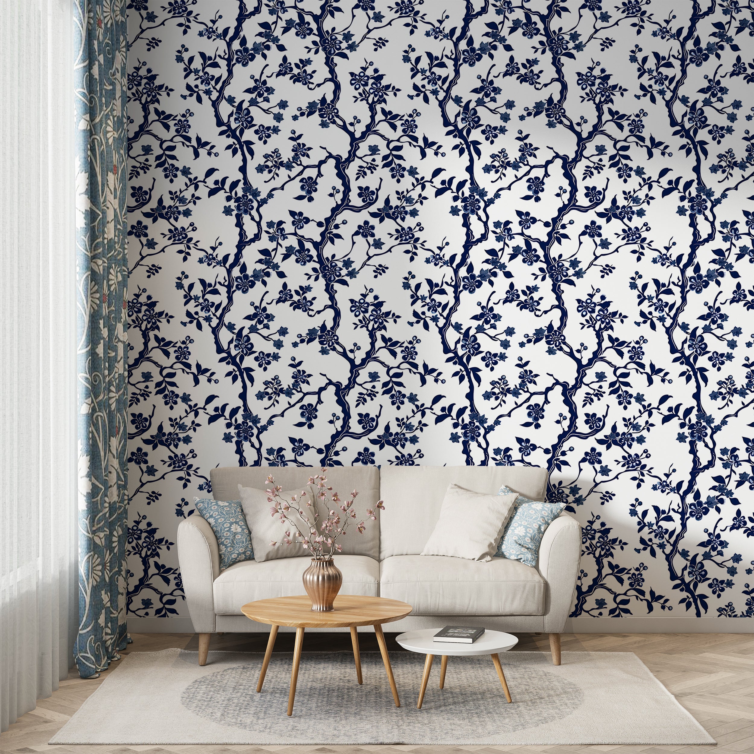 Blue Branches with Leaves and Flowers Wallpaper, Peel and Stick Blossom Tree Wallpaper, Blue and White Botanical, Chinoiserie Floral Decor