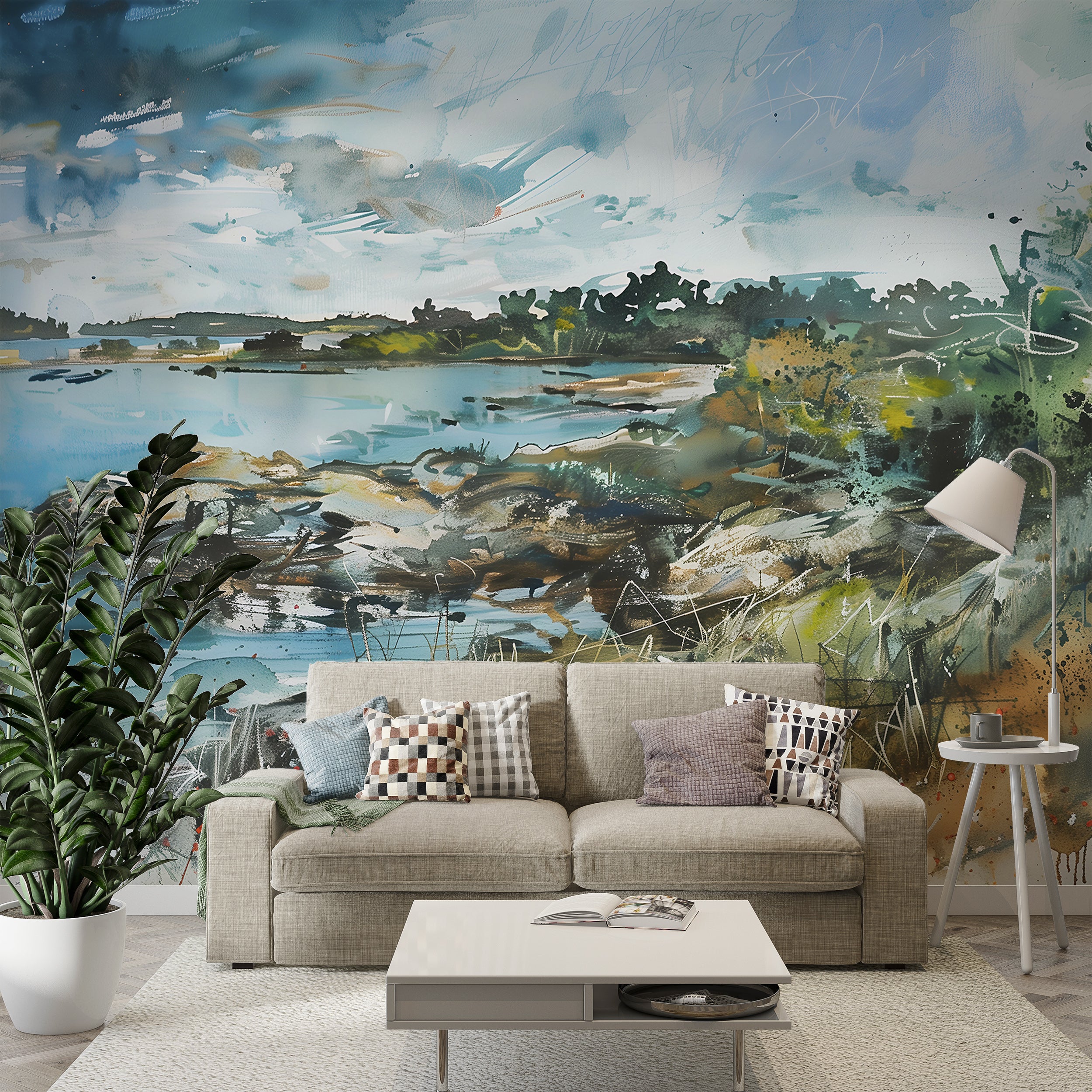 Lake Landscape Painting Wall Mural, Watercolor Scenic Wallpaper, Peel and Stick Abstract Nature Mural, Removable Oil Painting Style Nature Art