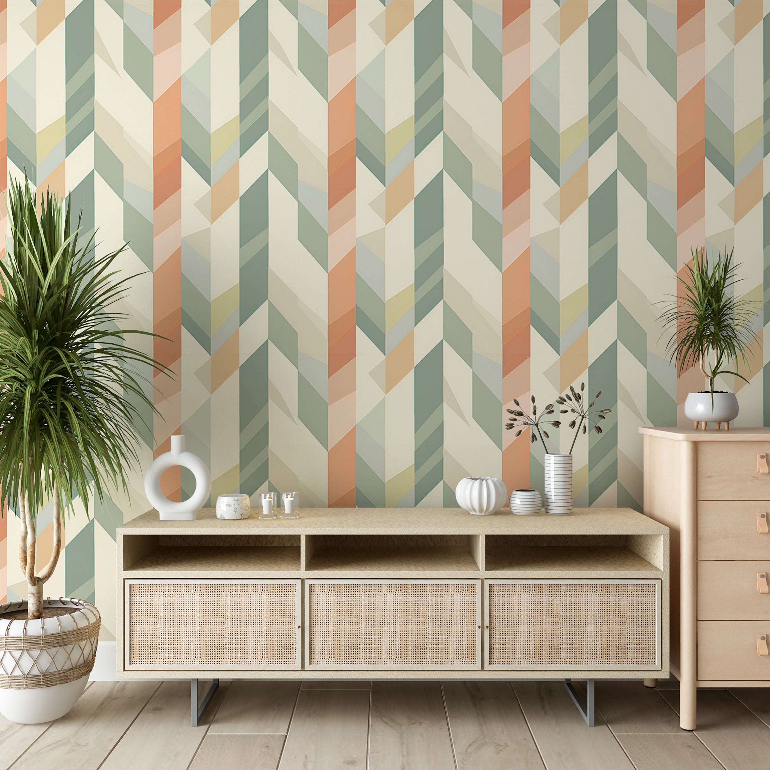 Removable soft green and beige wallpaper