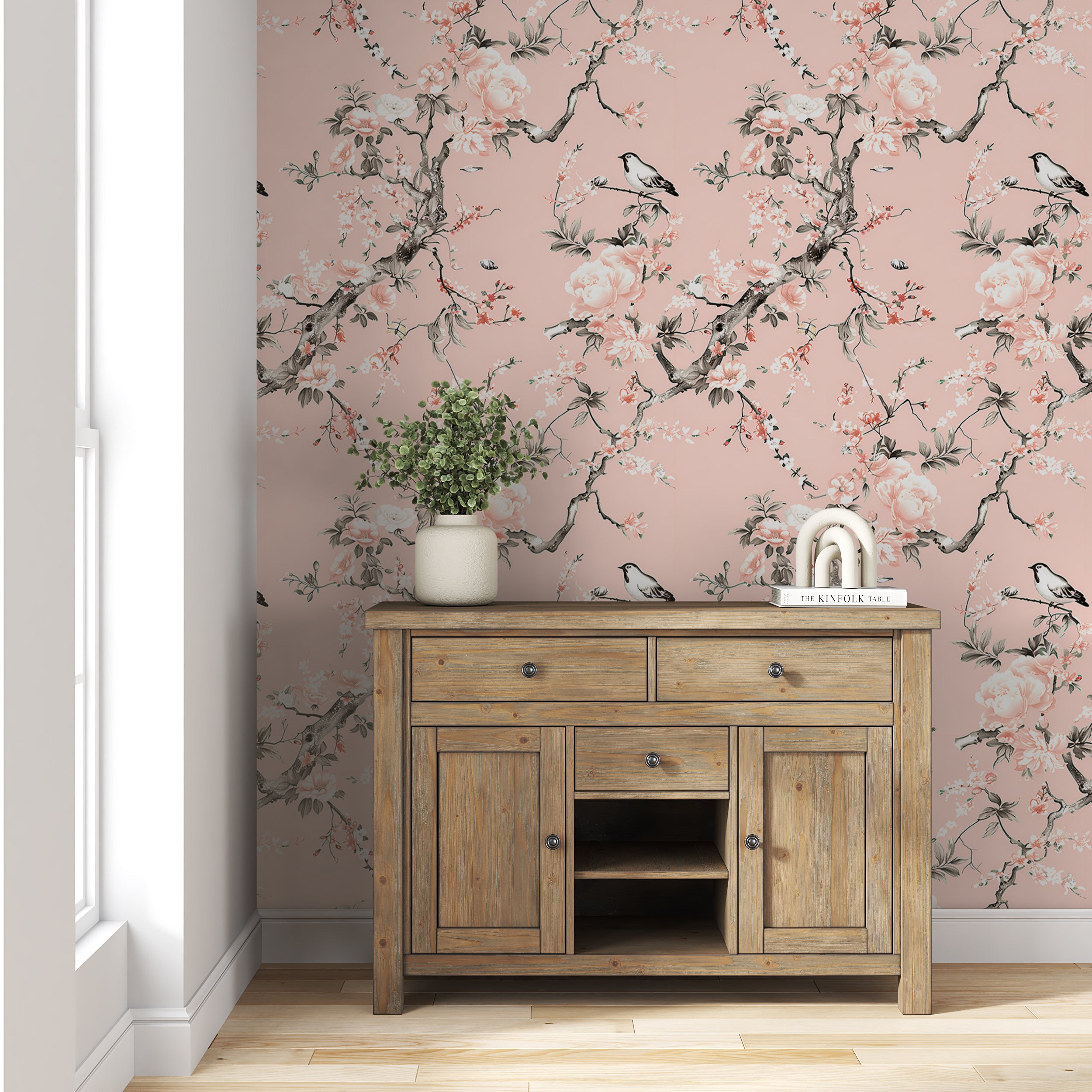 Soft Pink Chinoiserie Wallpaper, Peel and Stick Pink Floral Wallpaper, Blossom Branches Wall Decor, Removable Pink Botanical Wallpaper