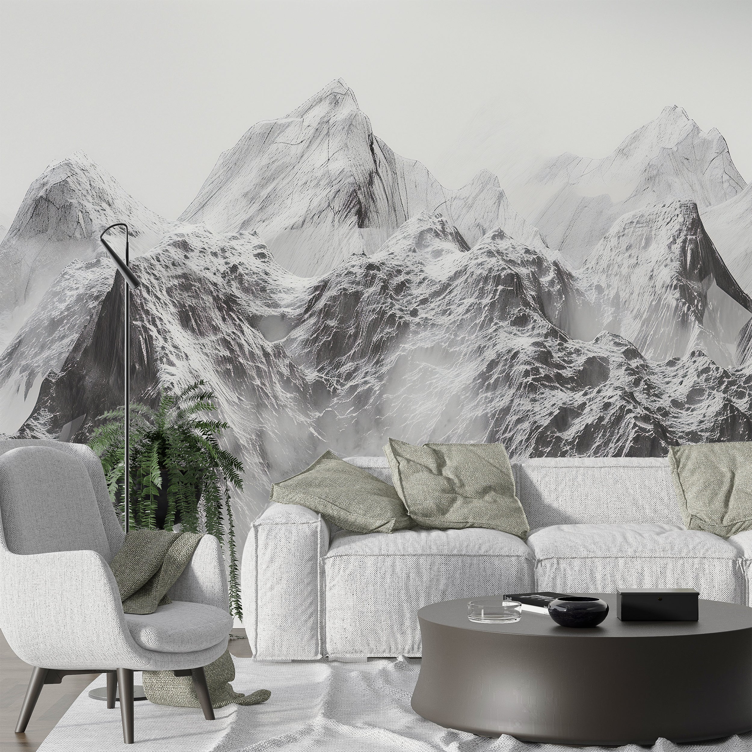 Grey and White Mountain Wallpaper, Peel and Stick Snowy Mountains Mural, Removable Abstract Foggy Nature Wall Decor