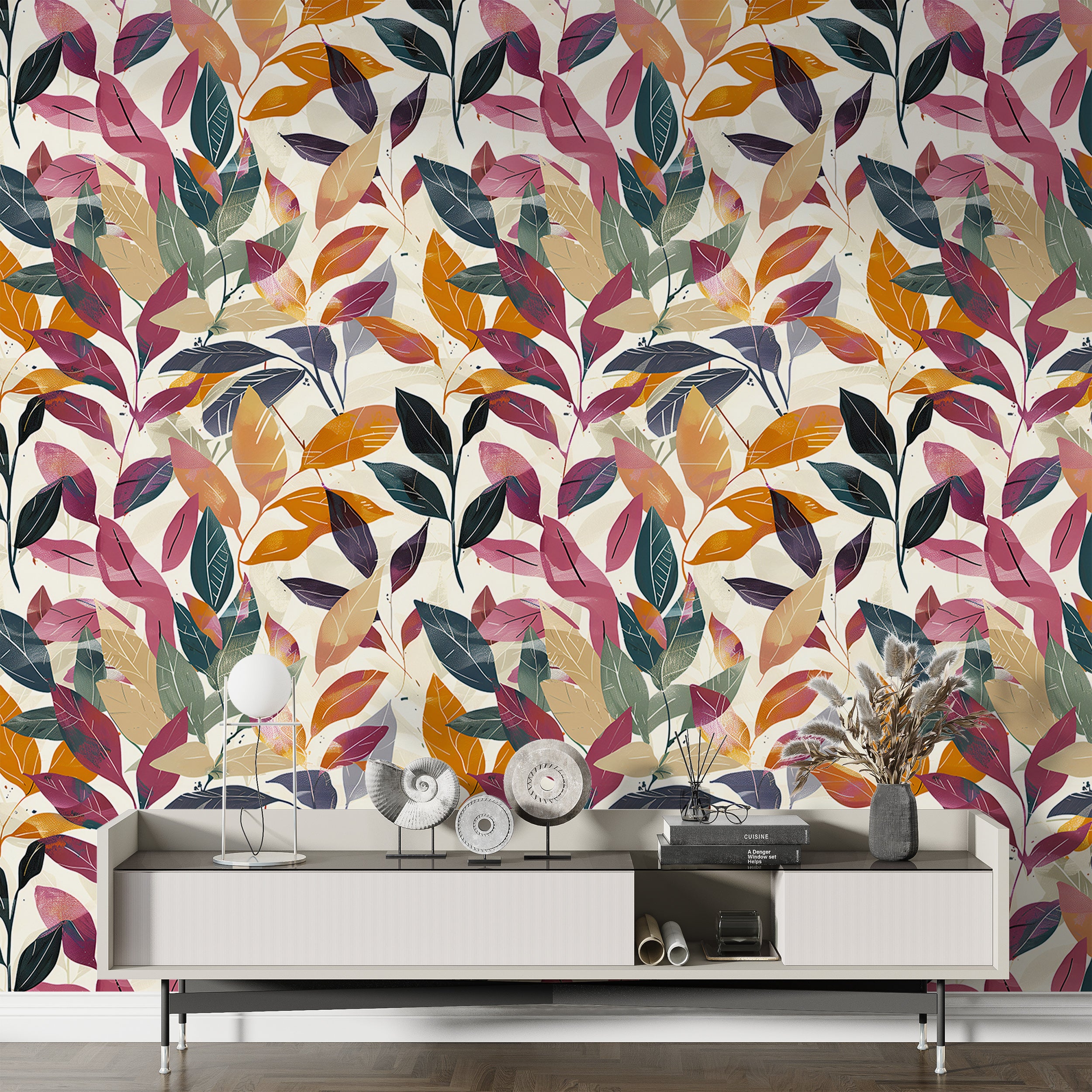 Autumn Leaves Wallpaper, Peel and Stick Colorful Leaf Wallpaper, Removable Red and Orange Botanical Wall Decor