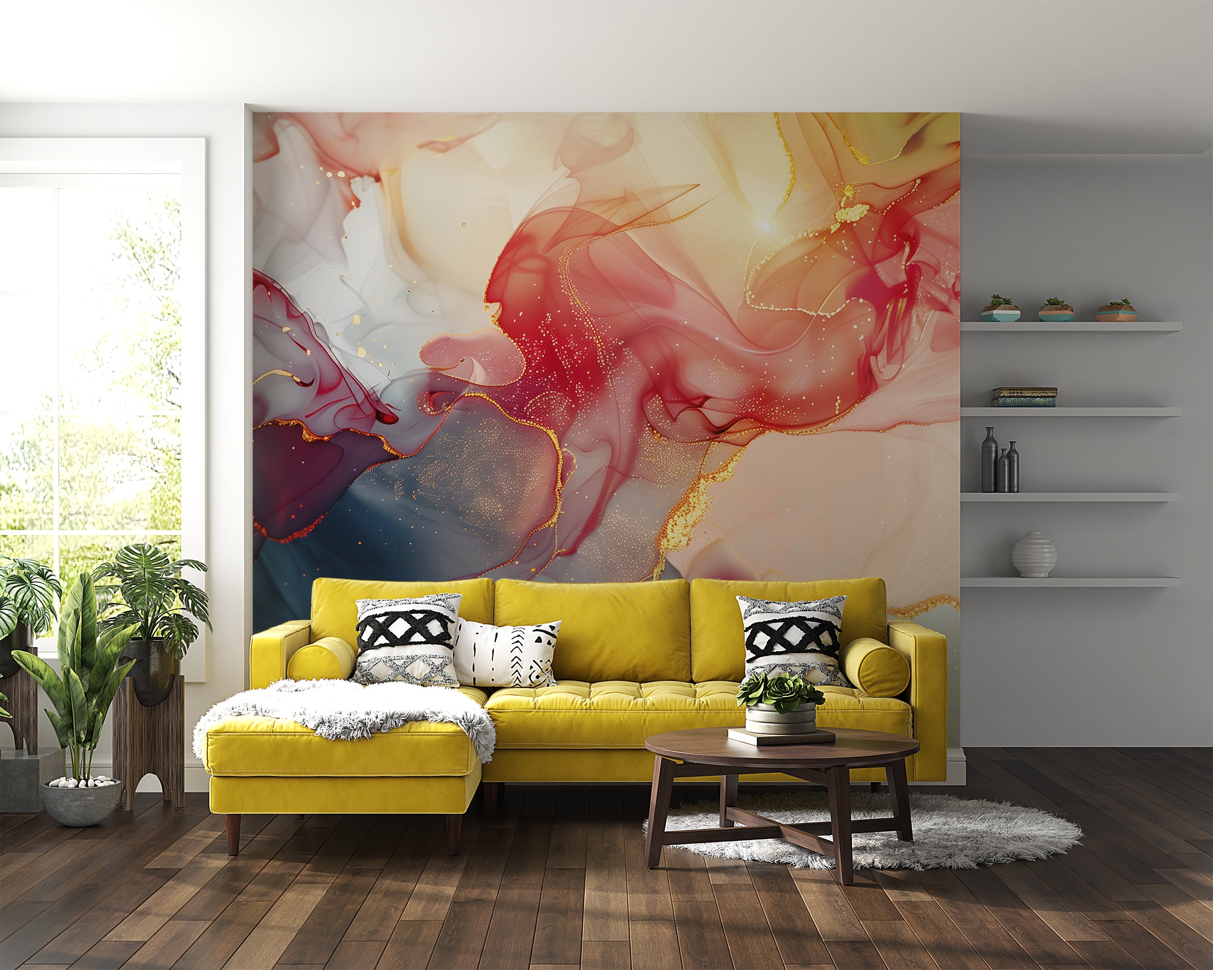 Colorful Alcohol Ink Wall Mural, Peel & Stick Abstract Wallpaper, Multi Color Liquid Surface Wallpaper, Removable Accent Red Blue Yellow Art