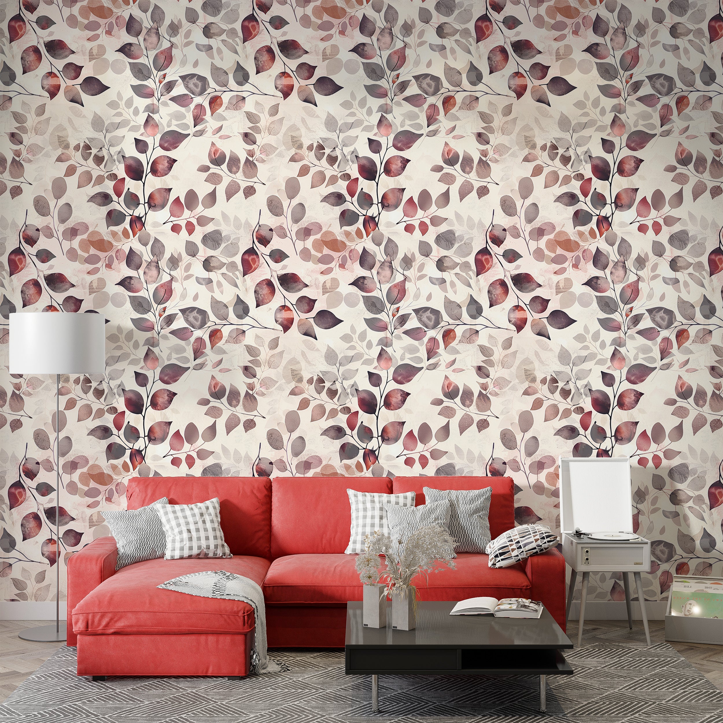 Pastel Red Leaves Wallpaper, Peel and Stick Removable Autumn Wall Decor, Soft Red Botanical Wallpaper, Watercolor Floral Wall Art