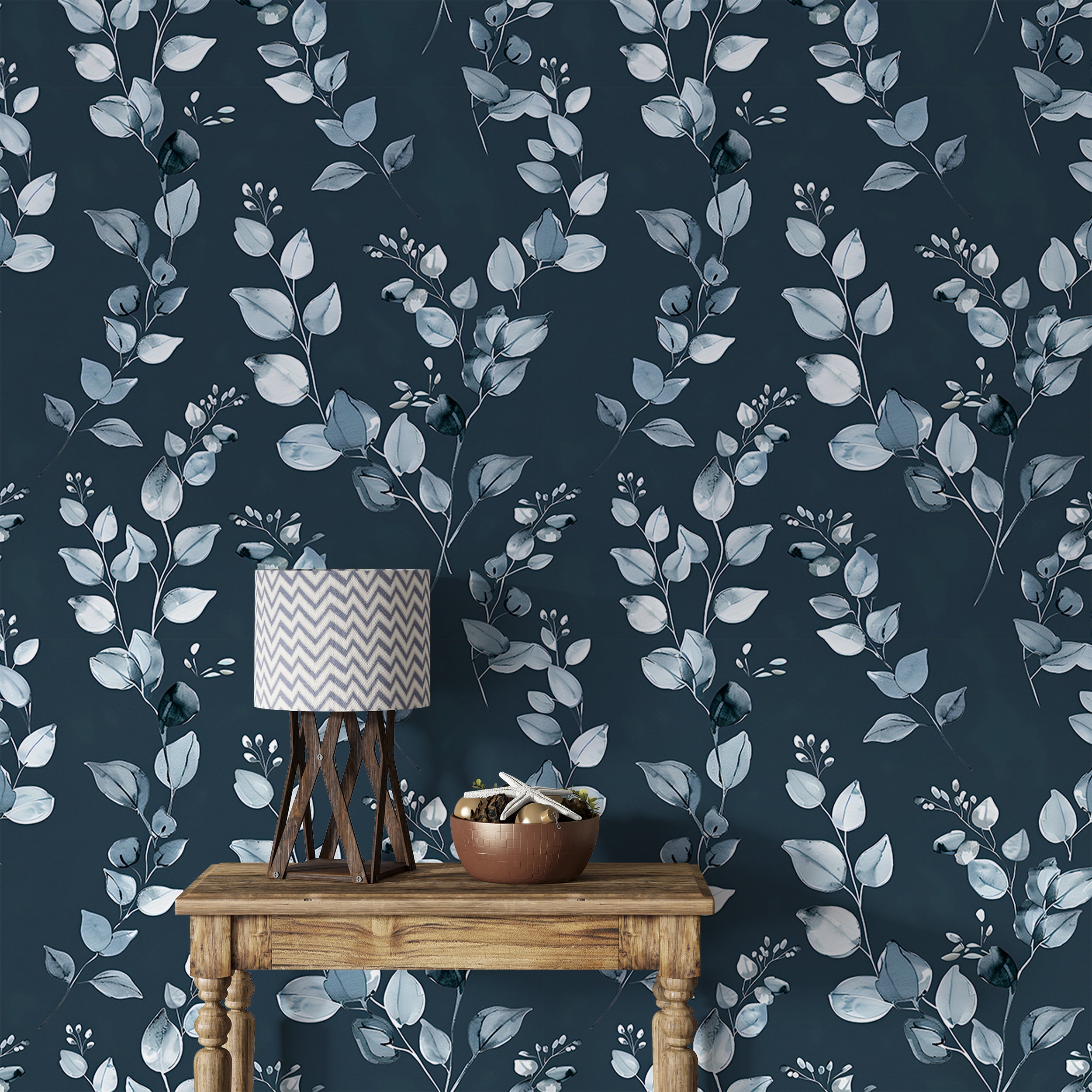 Dark Blue Botanical Wallpaper, Watercolor Grey Leaves Wallpaper, Peel and Stick Silver and Blue Wall Decor, Minimalistic Blue Leaf Pattern