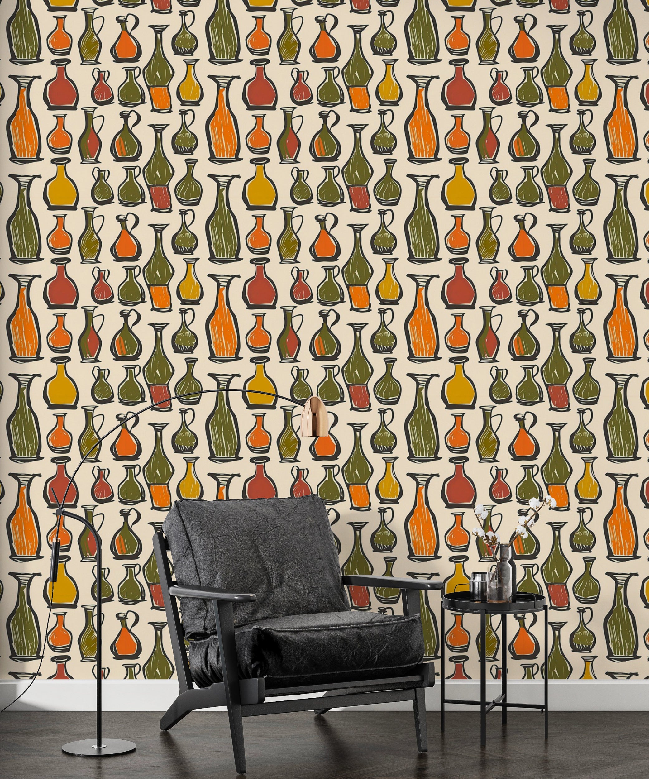 Colorful Vases and Bottles Wallpaper, Peel and Stick Abstract Accent Wallpaper, Green and Orange Modern Art