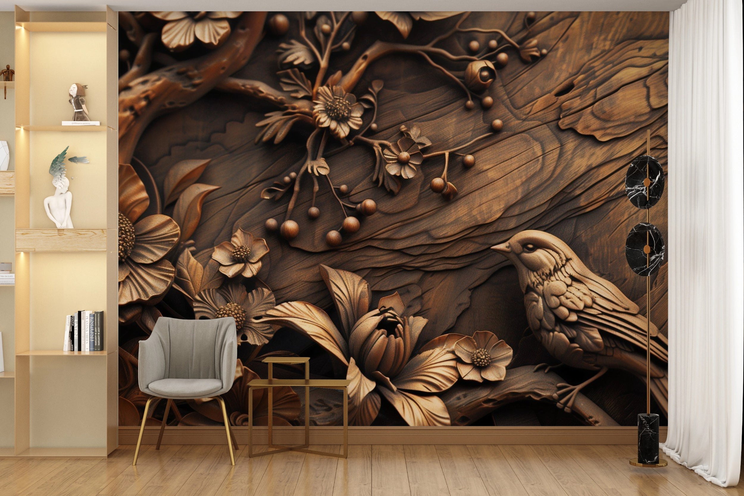 Wood Carving Style Wall Mural, Peel and Stick Wooden Look Wallpaper, Dark Brown Chinoiserie Wall Art, Bird and Flowers Removable Decor